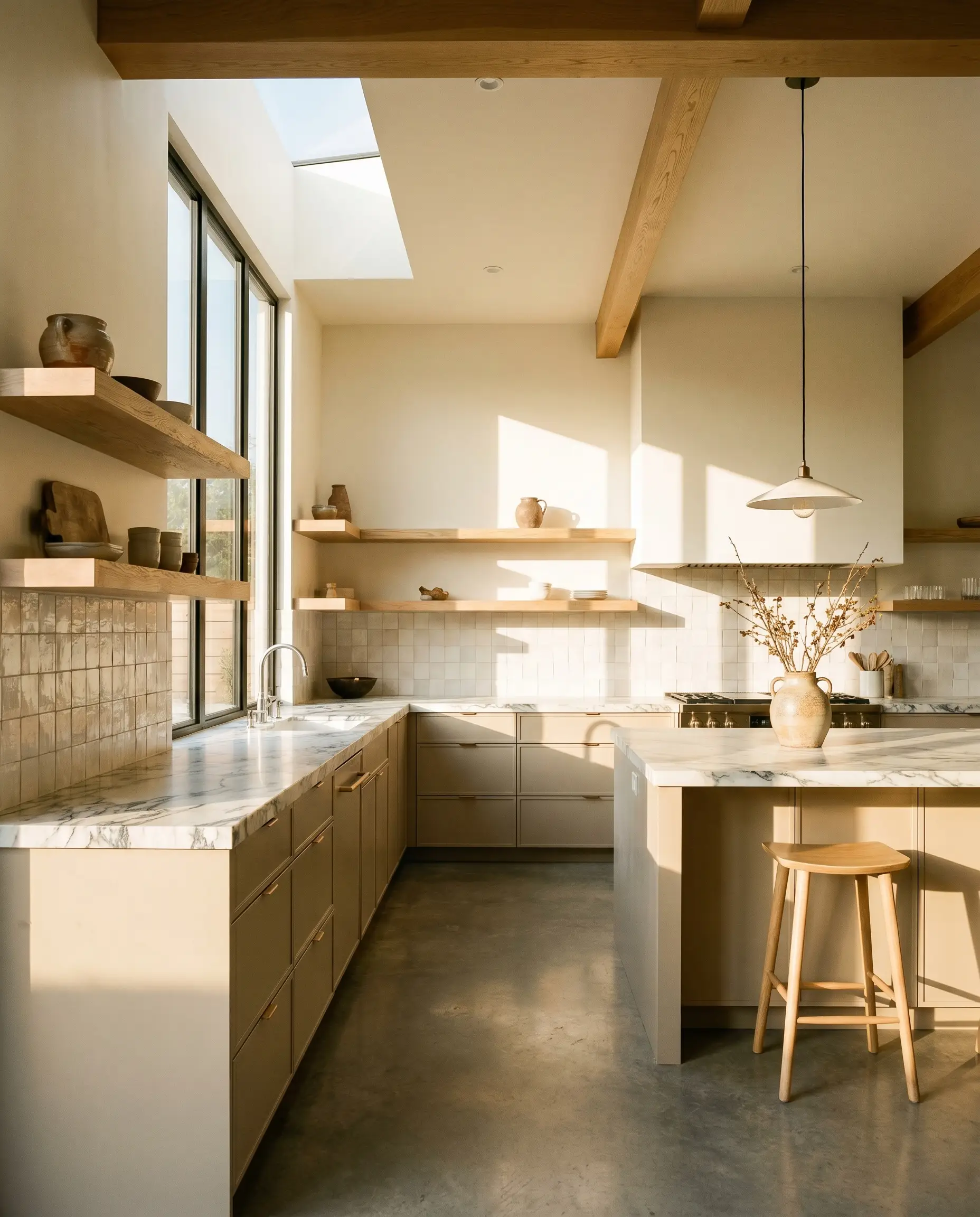 An organic modern kitchen features heavily veined marble countertops, an unglazed ceramic backsplash, and lower cabinetry painted in PPG Soft Suede (Hex #d8cbad).
