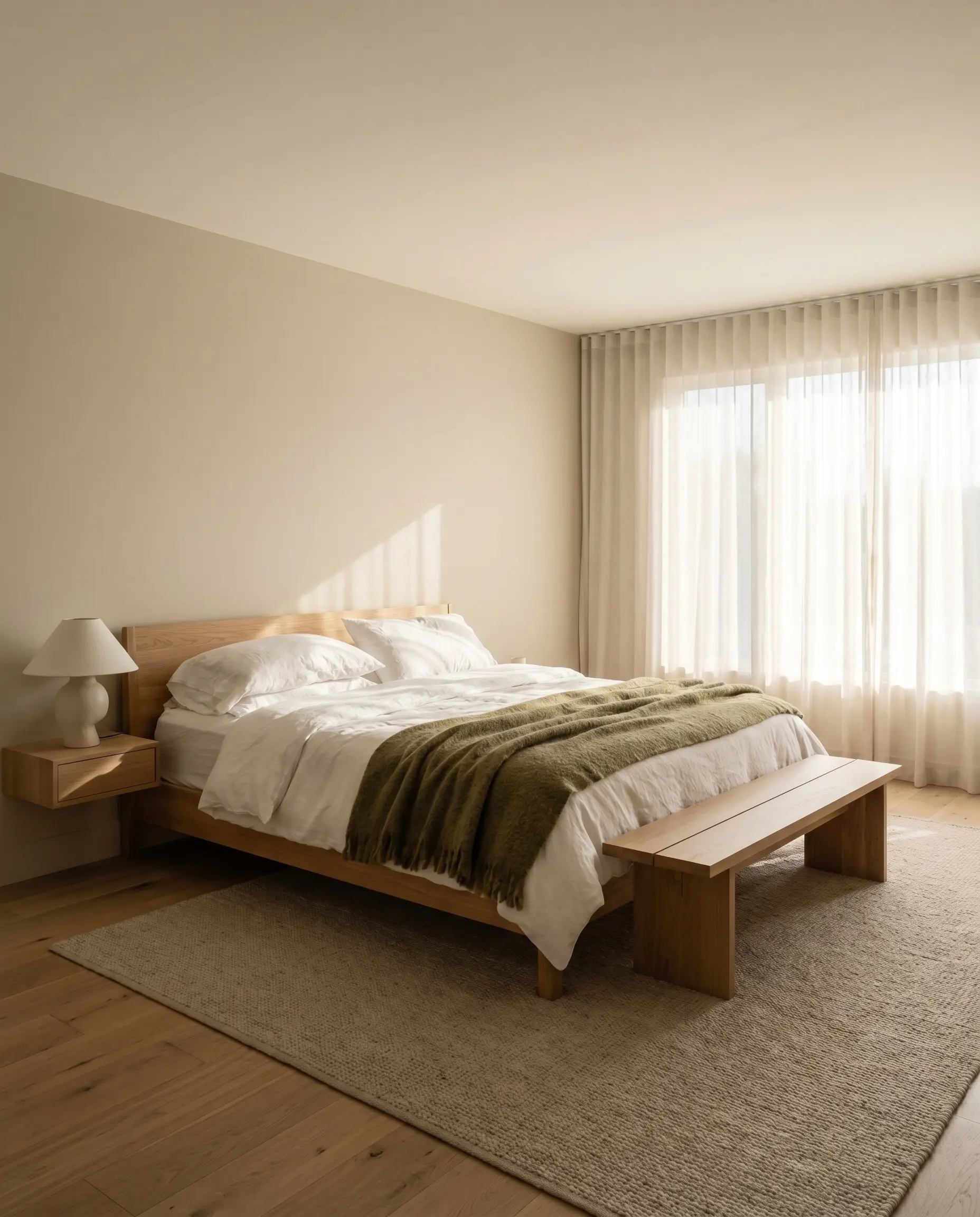 A serene primary bedroom features washed cotton percale bedding, a heavy olive wool throw, and walls painted in PPG Soft Suede (Hex #d8cbad).