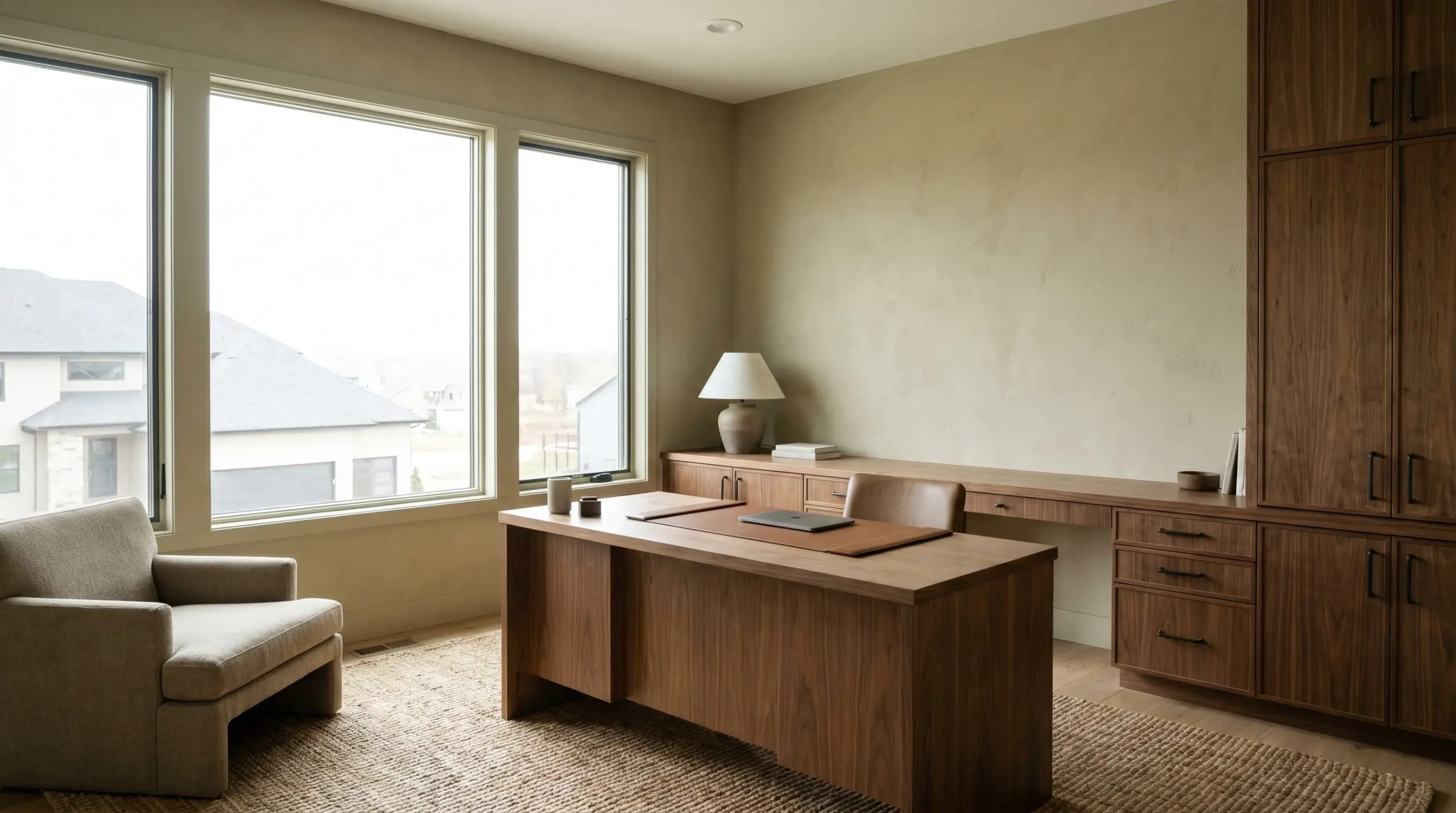 Warm walnut desk cabinetry and sleek oil-rubbed bronze hardware anchor a distraction-free tailored home office painted in PPG Soft Suede (Hex #d8cbad).