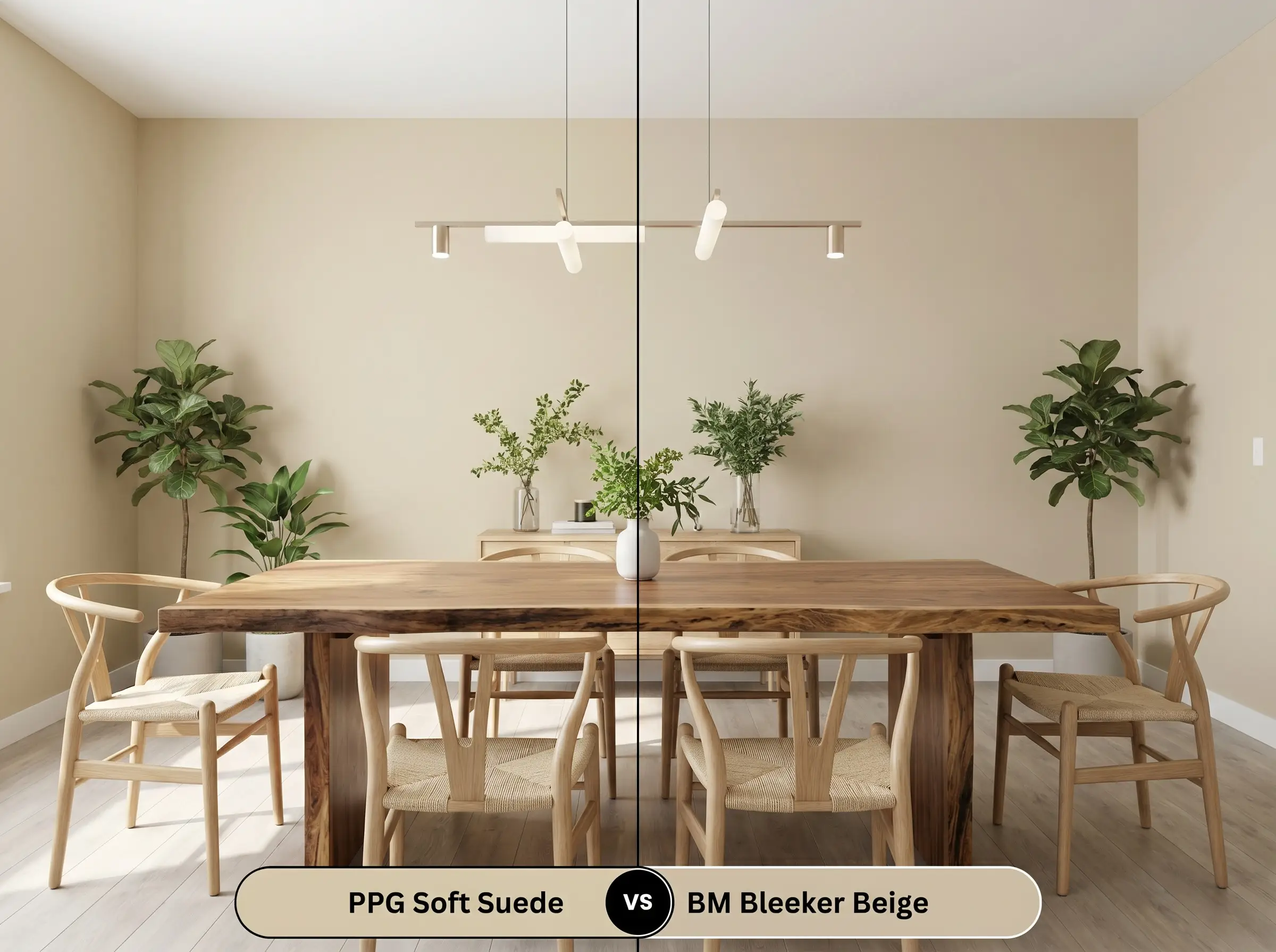 A side-by-side split-screen comparison of PPG Soft Suede on the left and Benjamin Moore Bleeker Beige on the right, shown in a biophilic modern dining room.