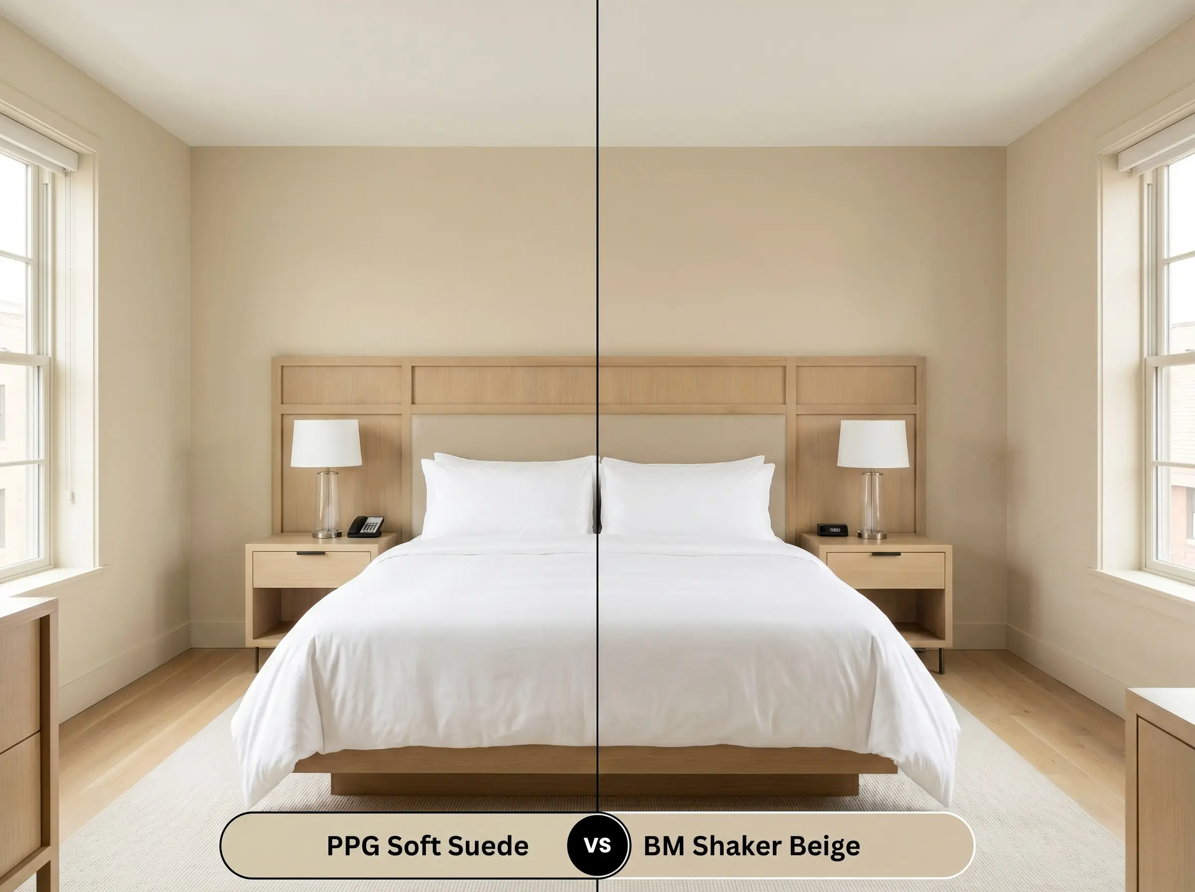 A side-by-side split-screen comparison of PPG Soft Suede on the left and BM Shaker Beige on the right, shown in a sunlit boutique hotel bedroom.