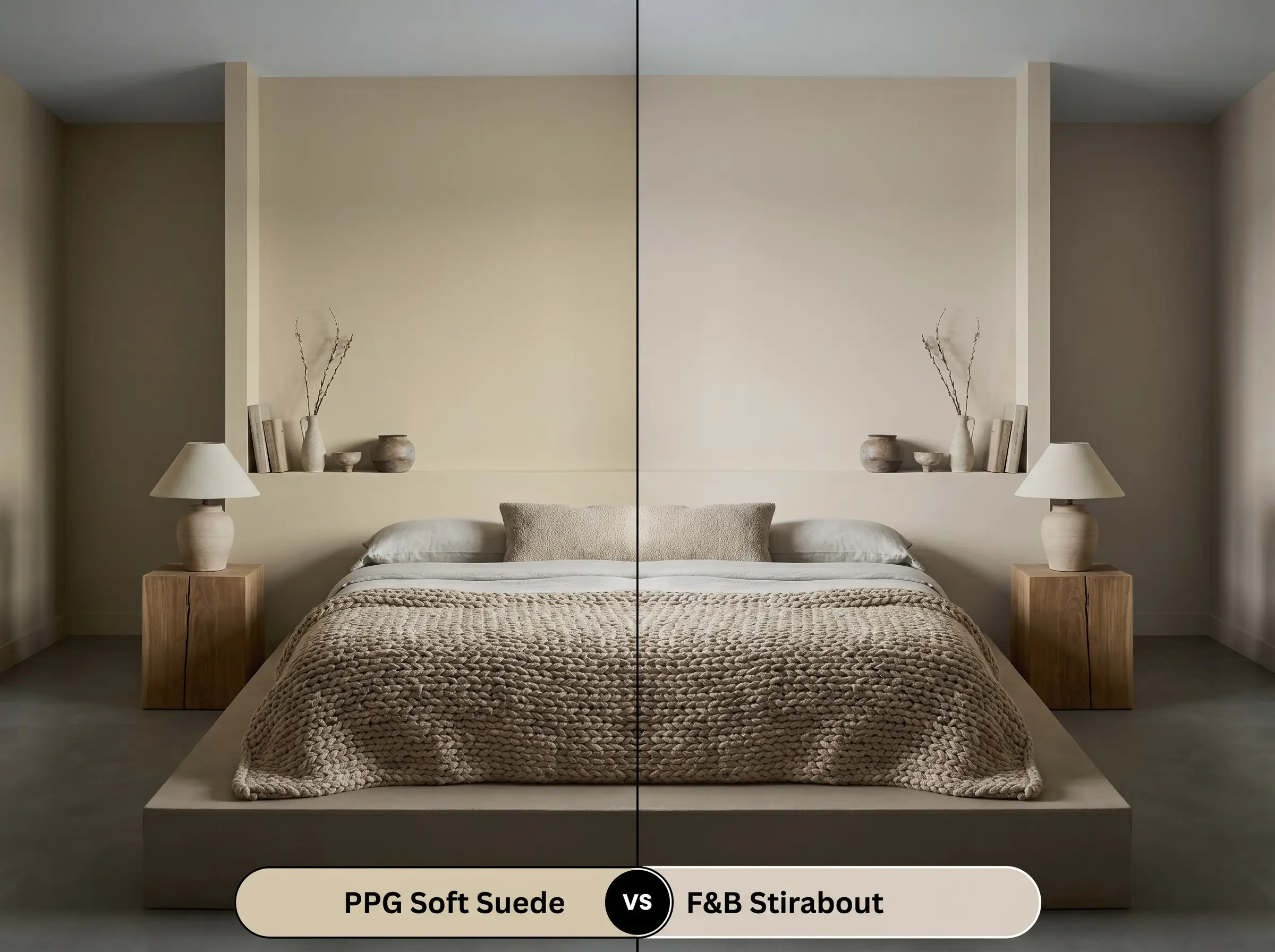 A side-by-side split-screen comparison of PPG Soft Suede on the left and Farrow & Ball Stirabout on the right, shown in a dimly lit wabi-sabi bedroom.