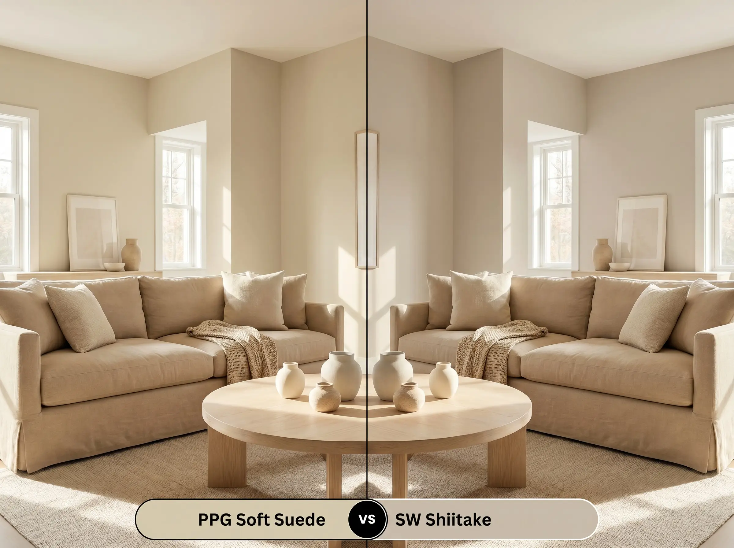 A side-by-side split-screen comparison of PPG Soft Suede on the left and Sherwin-Williams Shiitake on the right, shown in a sun-drenched organic modern living room.