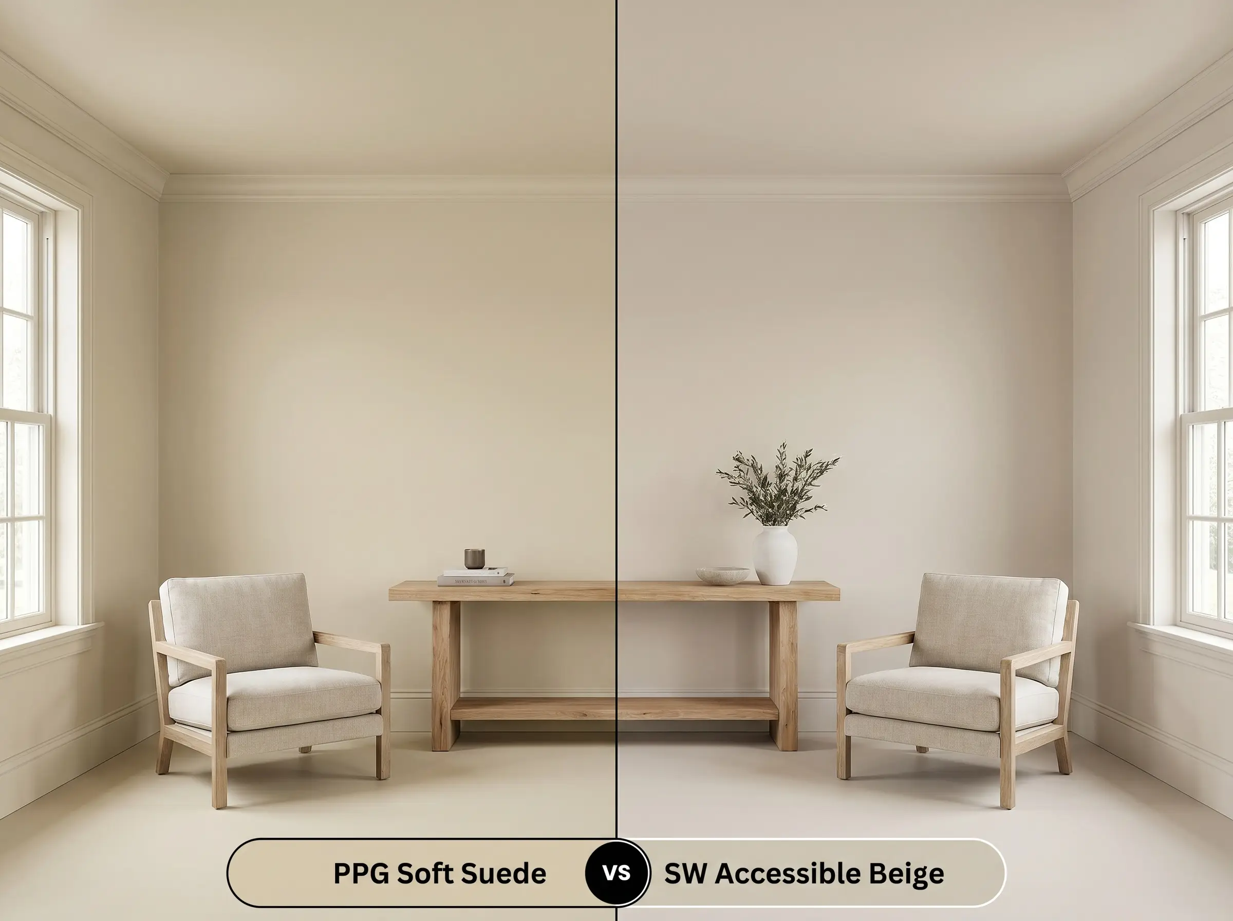 A side-by-side split-screen comparison of PPG Soft Suede on the left and SW Accessible Beige on the right, shown in a symmetrical modern transitional living room.
