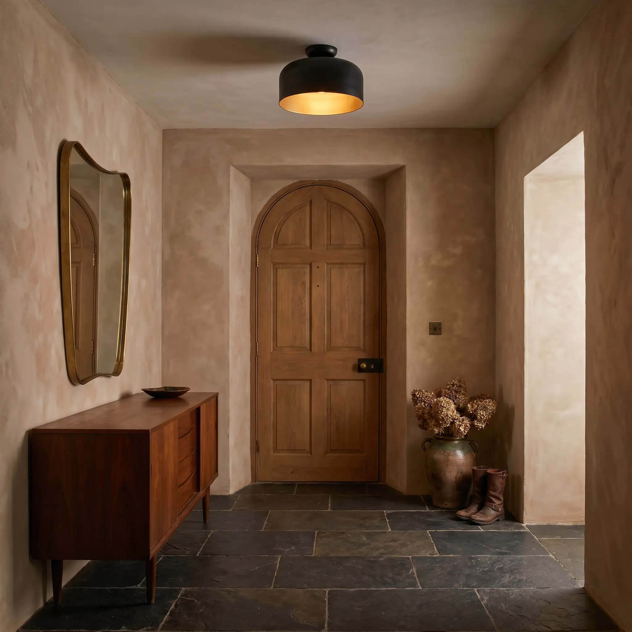 A beautifully mottled limewash application of PPG Sourdough (Hex #ddcfbc) coats entryway walls behind a vintage mid-century walnut credenza and deep slate floor tiles.