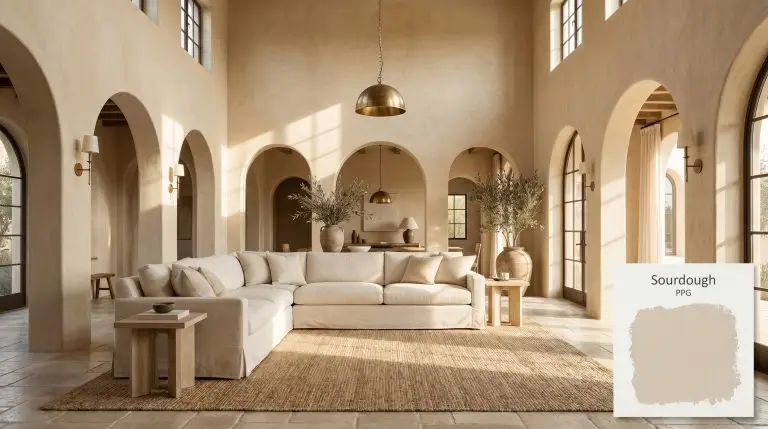 Sweeping arched doorways and soaring walls painted in PPG Sourdough (Hex #ddcfbc) frame an oversized ivory linen sectional and bleached oak side tables.