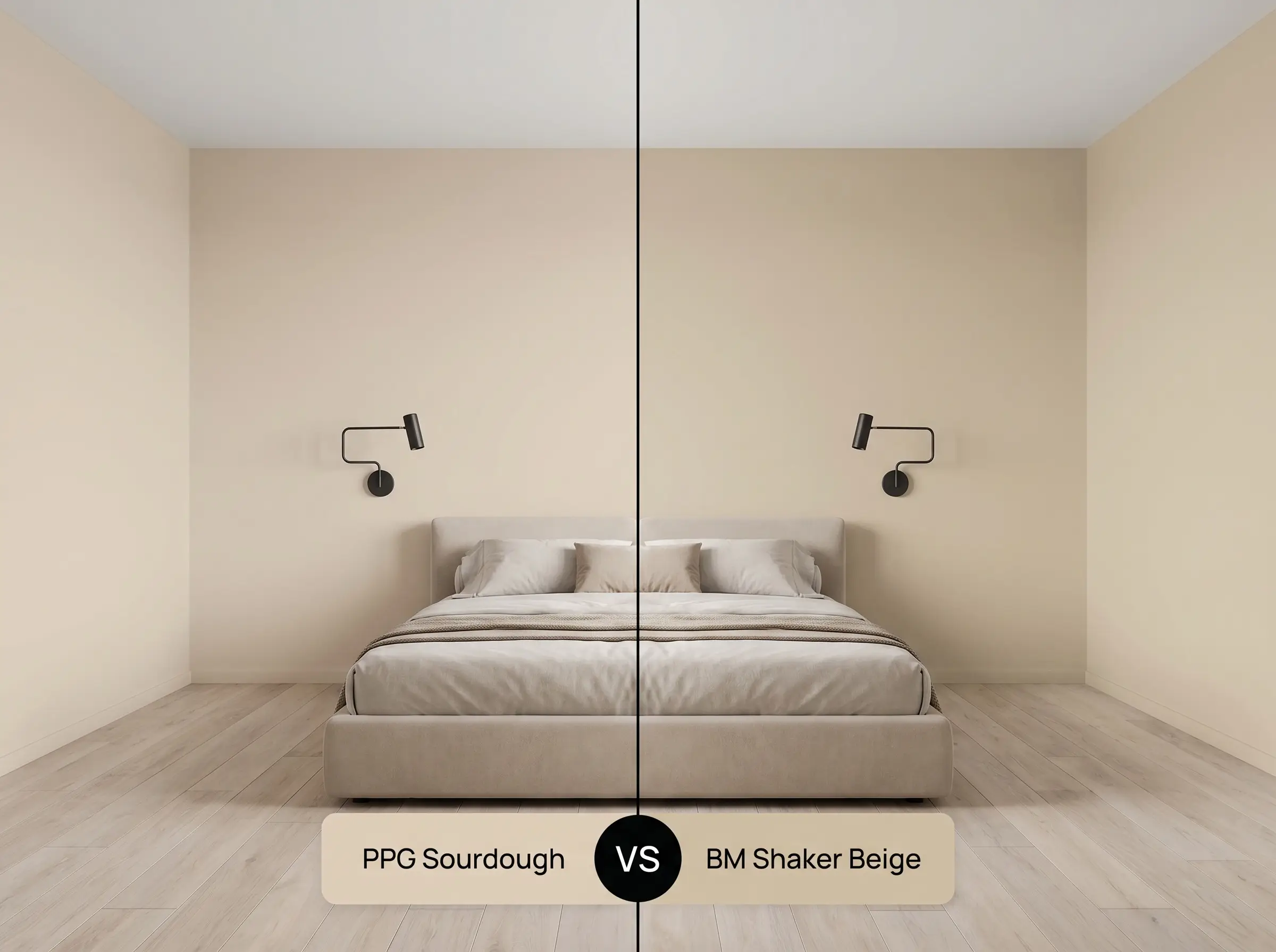 A side-by-side split-screen comparison of PPG Sourdough on the left and Benjamin Moore Shaker Beige on the right, shown in a sleek modern bedroom.
