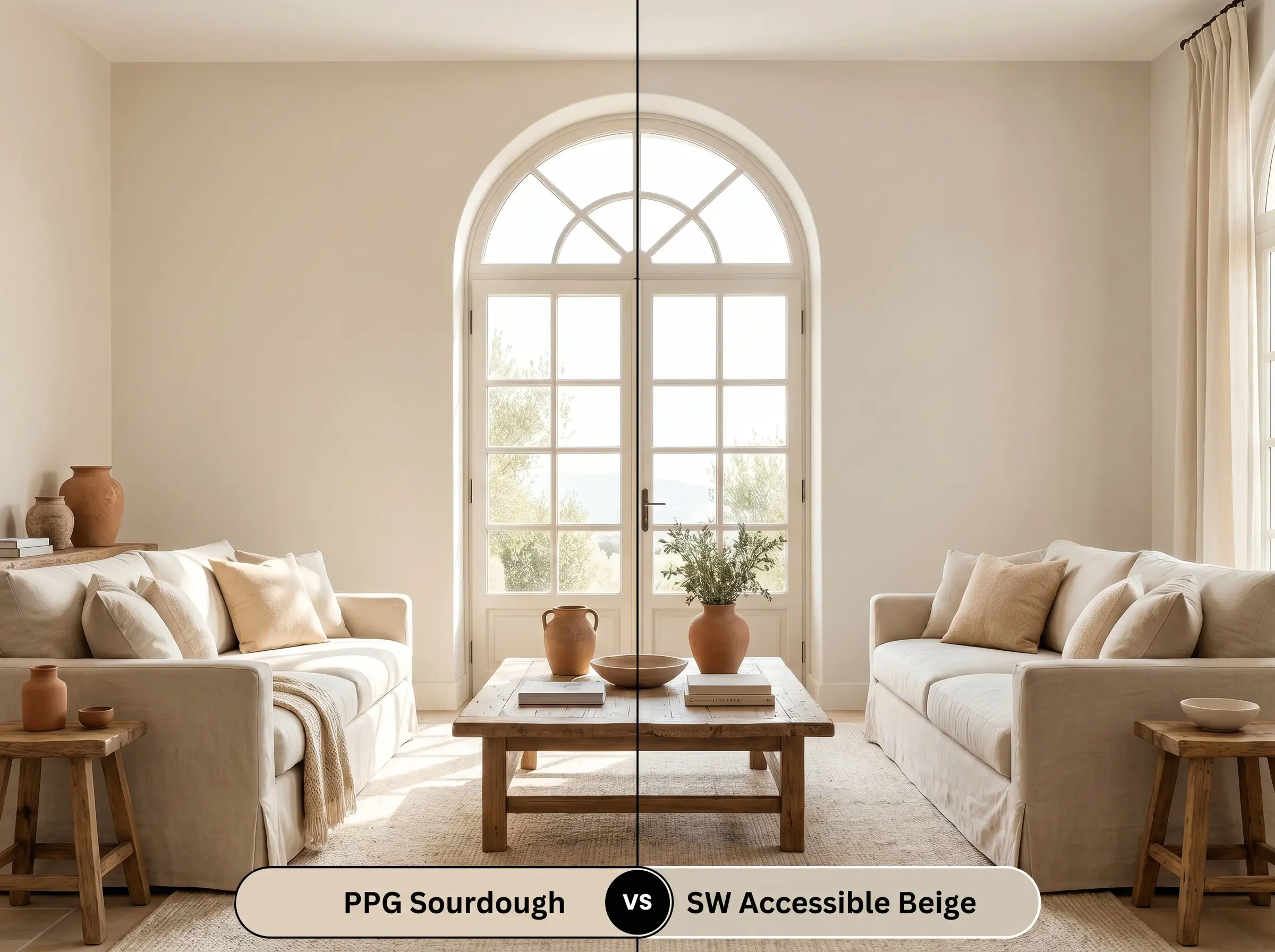 A side-by-side split-screen comparison of PPG Sourdough on the left and Sherwin-Williams Accessible Beige on the right, shown in a sun-drenched Mediterranean living room.