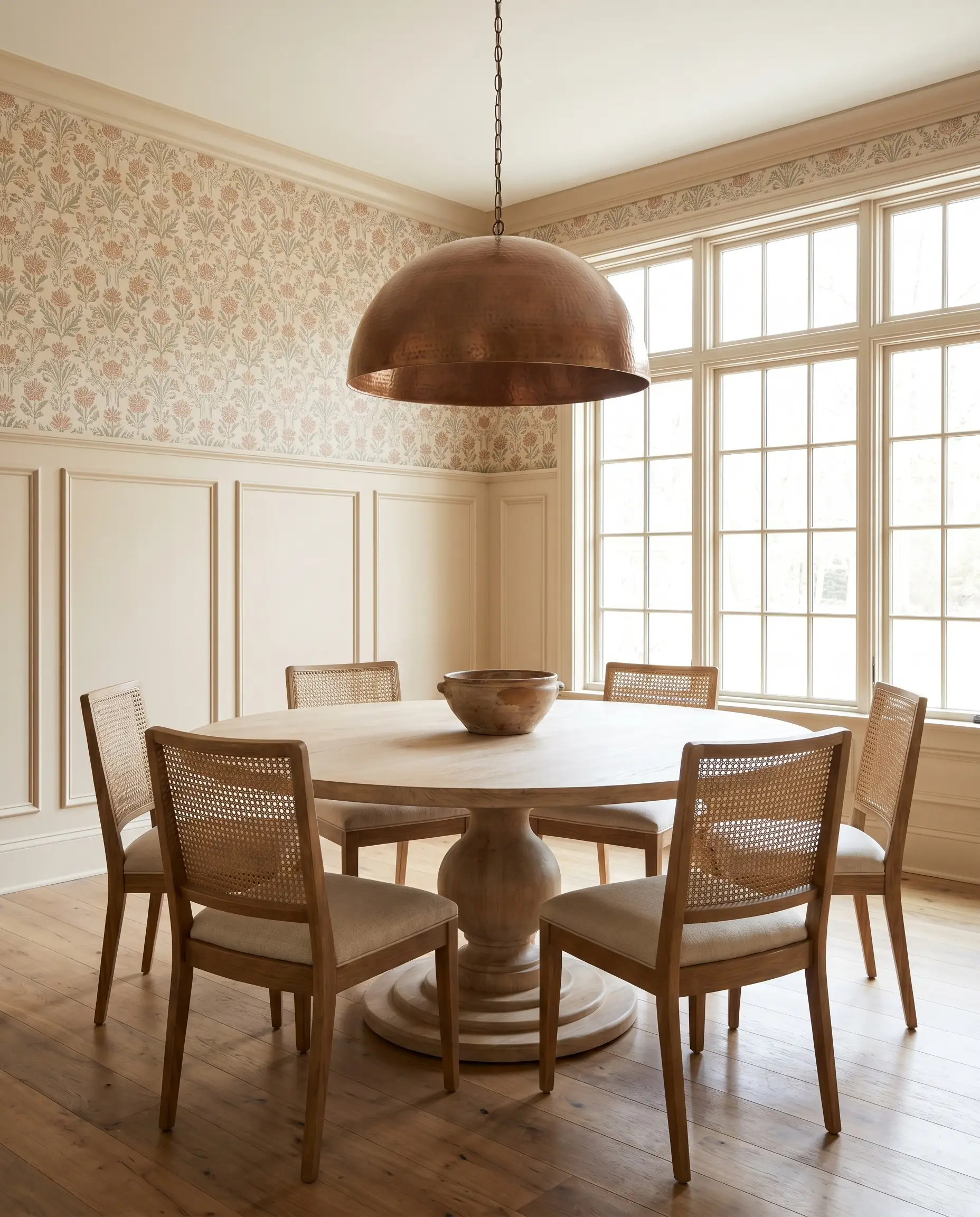 Classic picture frame molding painted in a warm mid-tone neutral sits below subtle block-print wallpaper, framing a bleached oak pedestal table and cane-backed dining chairs.