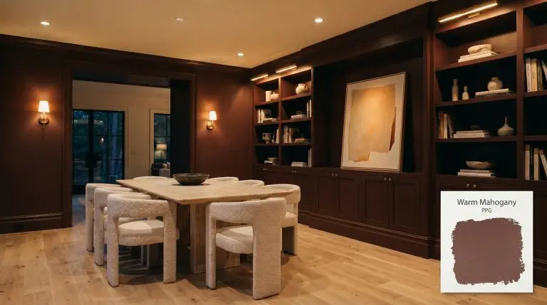 A modern organic dining room and curated library features built-in bookcases and walls painted in PPG Warm Mahogany (Hex #6d4741) alongside a travertine table.