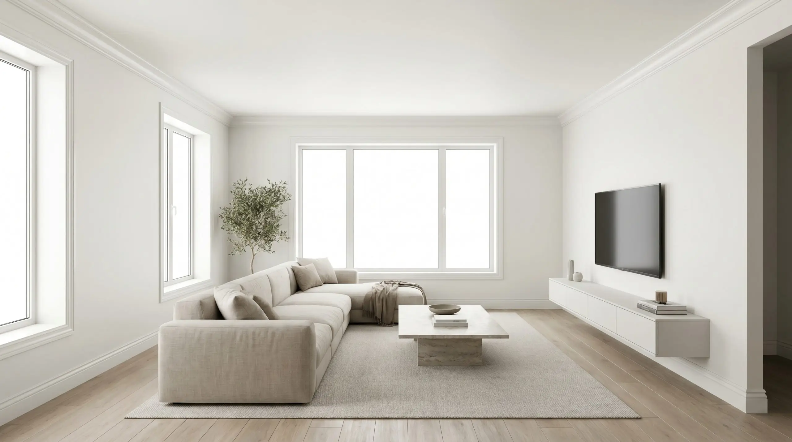 Low-profile furniture sits within a minimalist living room featuring a seamless monochromatic wrap of matte walls and semi-gloss crown molding in a neutral white chromatic profile.