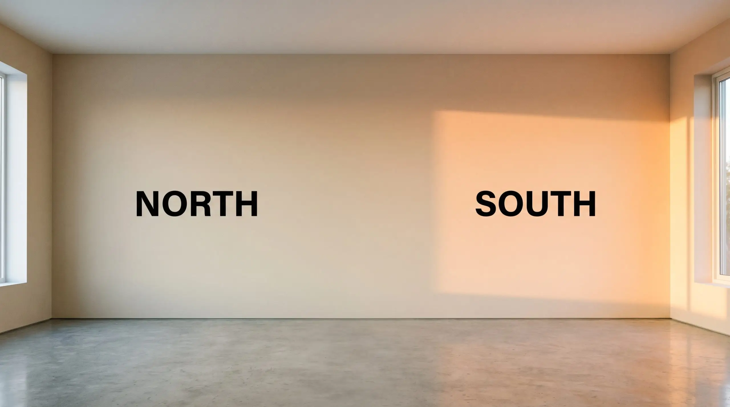 A seamless empty living room painted in PPG Sourdough (Hex #ddcfbc) shifts from a serene balanced tan in cool Northern light to a radiant peach-leaning warmth in Southern exposure.