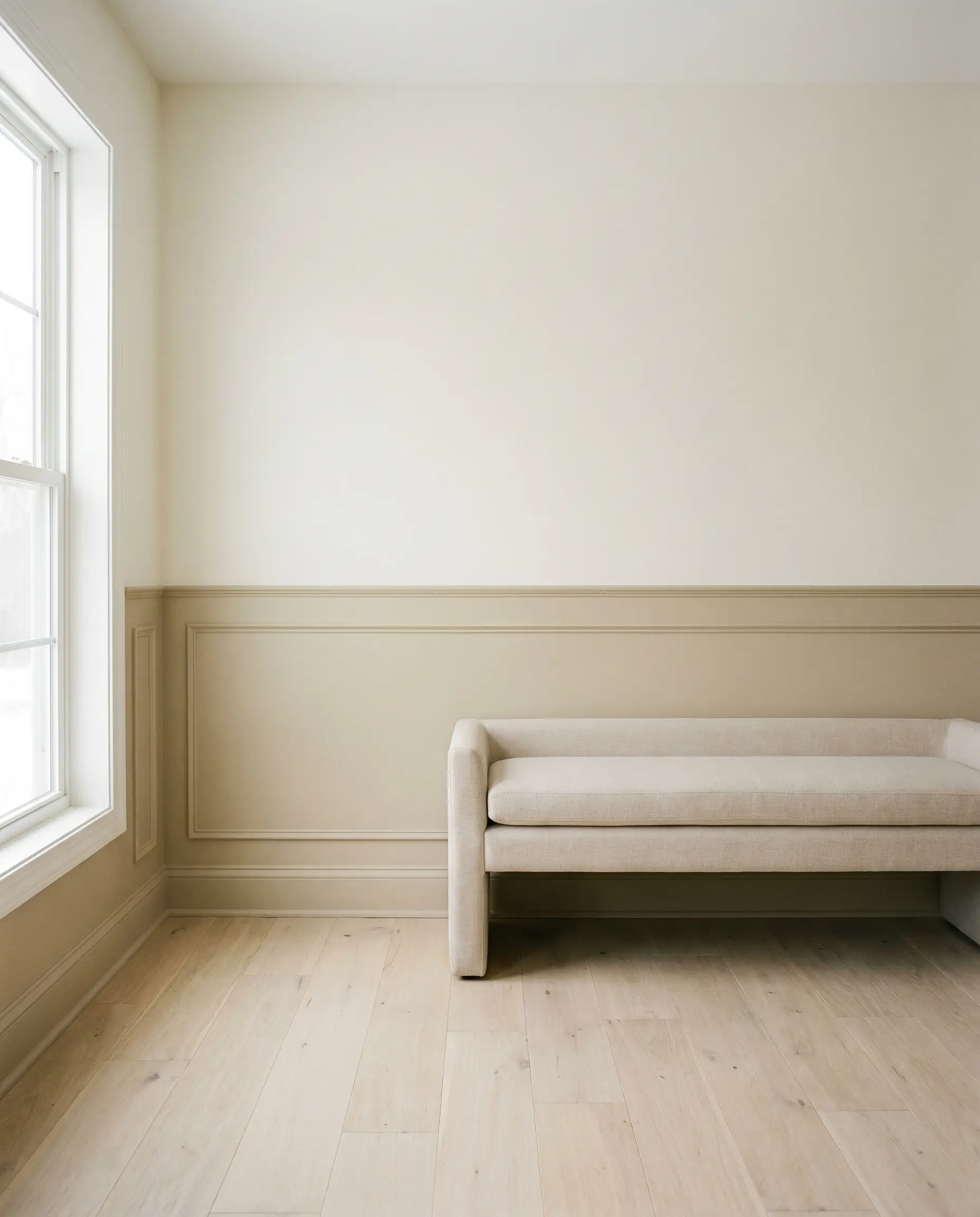 A simple linen-upholstered bench sits against earthy neutral lower wainscoting in a low-stimulation, restful modern heritage bedroom with raw white oak floors.