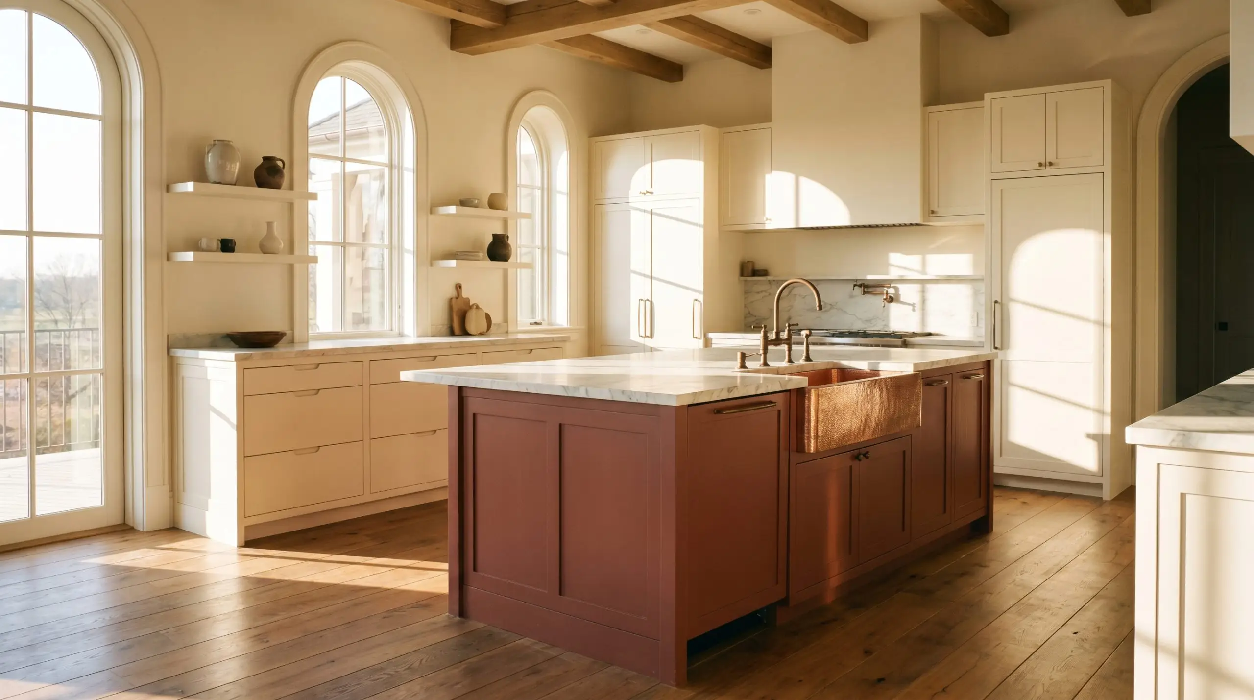 A premium custom-built kitchen features a central island painted in Farrow & Ball Picture Gallery Red (Hex #9b594f), contrasting with creamy perimeter cabinets, a polished copper sink, and unlacquered bronze fixtures.