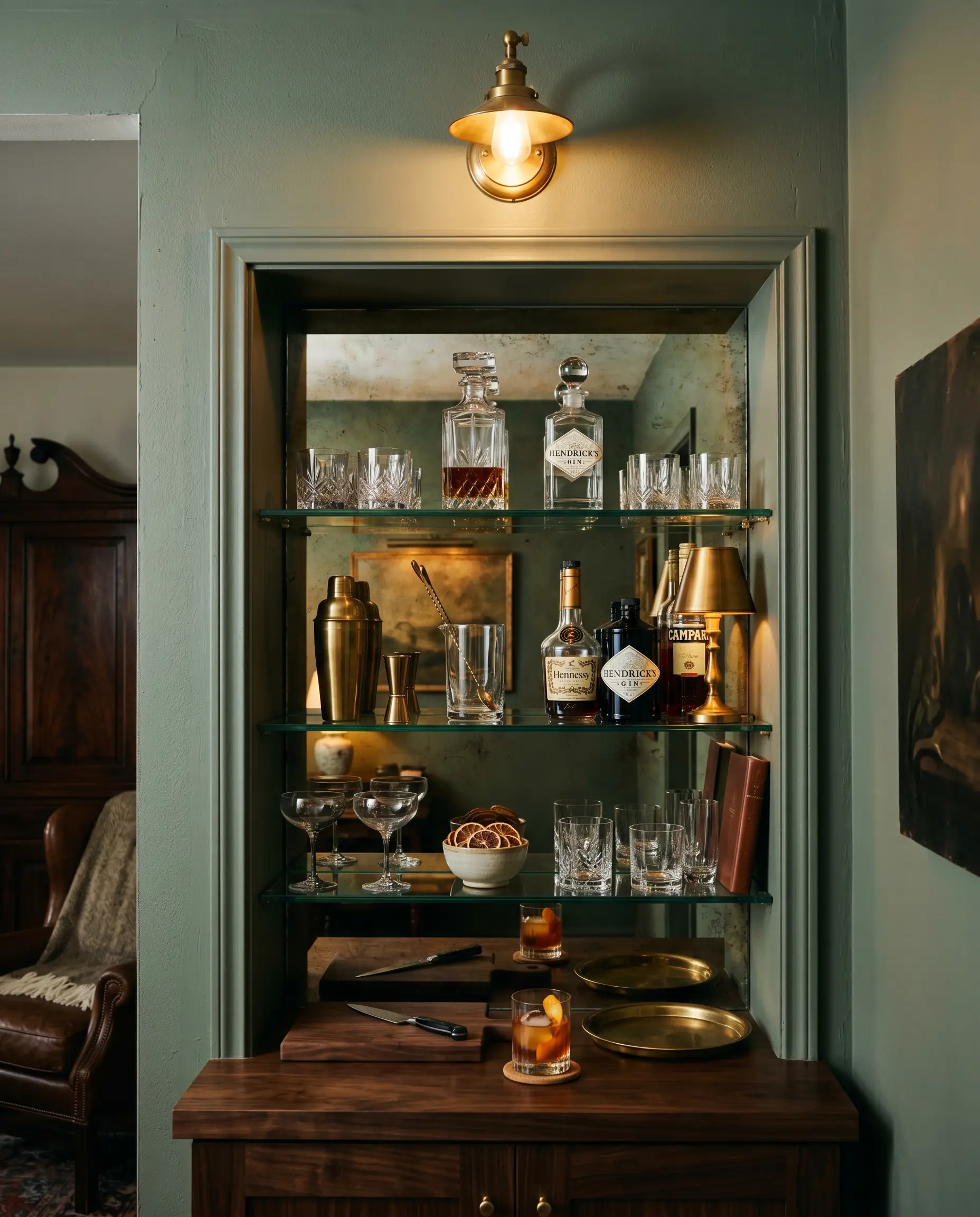 Floating glass shelves and a mirrored backsplash bounce moody ambient light inside a recessed living room bar alcove painted entirely in a deep desaturated olive tone.