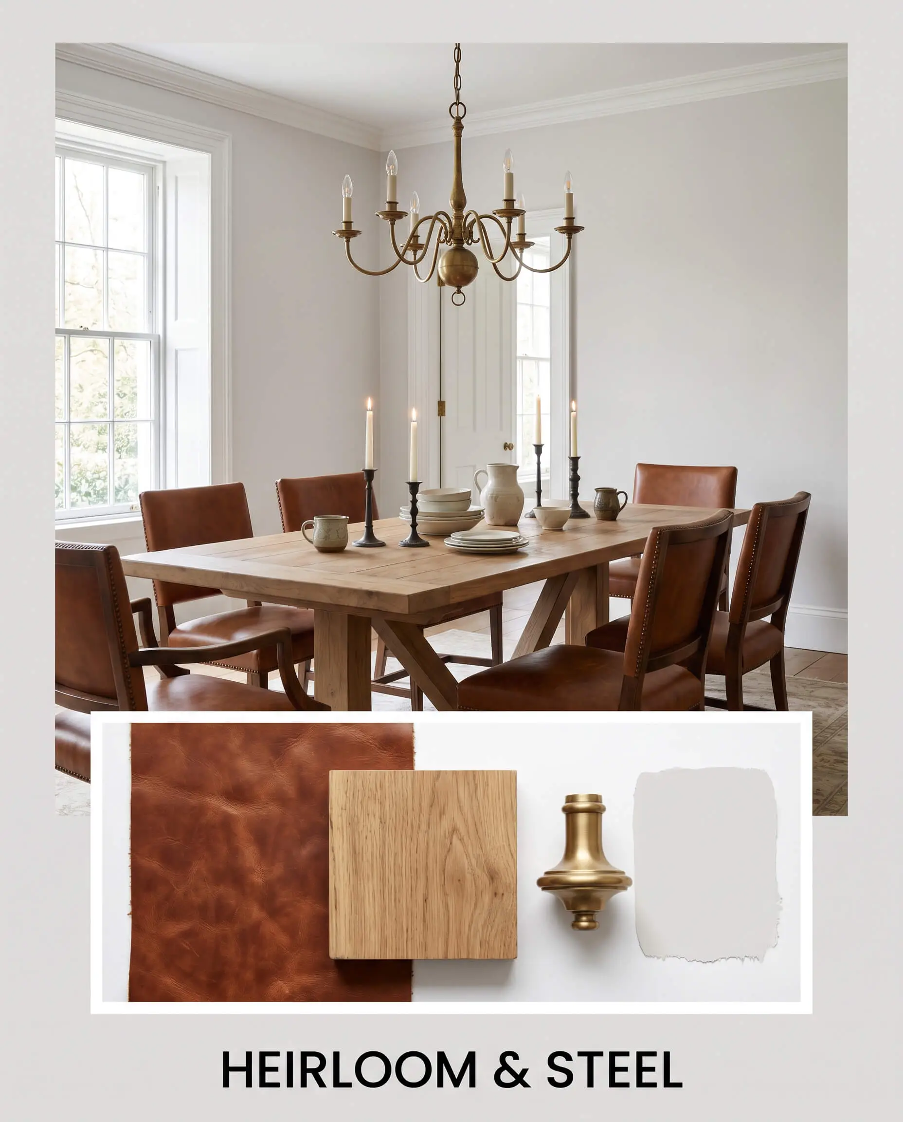 Classic saddle leather seating and a reclaimed oak trestle table are displayed alongside physical material swatches in an editorial concept board featuring PPG Silver Screen (Hex #e0dddd).