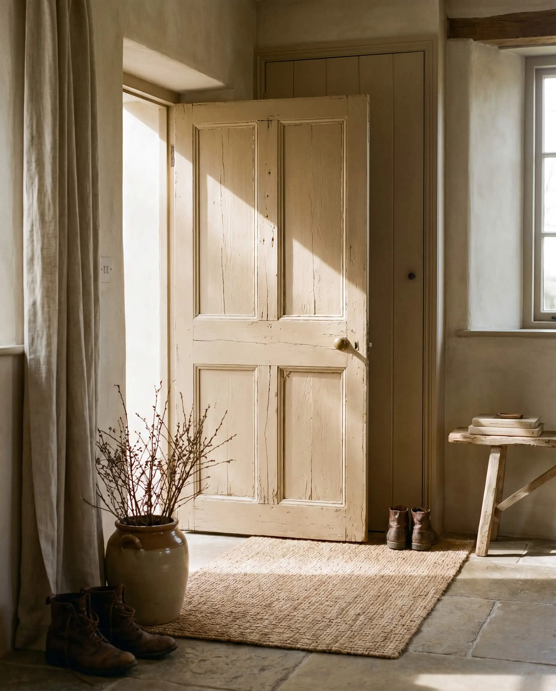 A reclaimed, heavily weathered interior door painted in a warm transitional neutral showcases the natural imperfections and grain of salvaged wood.