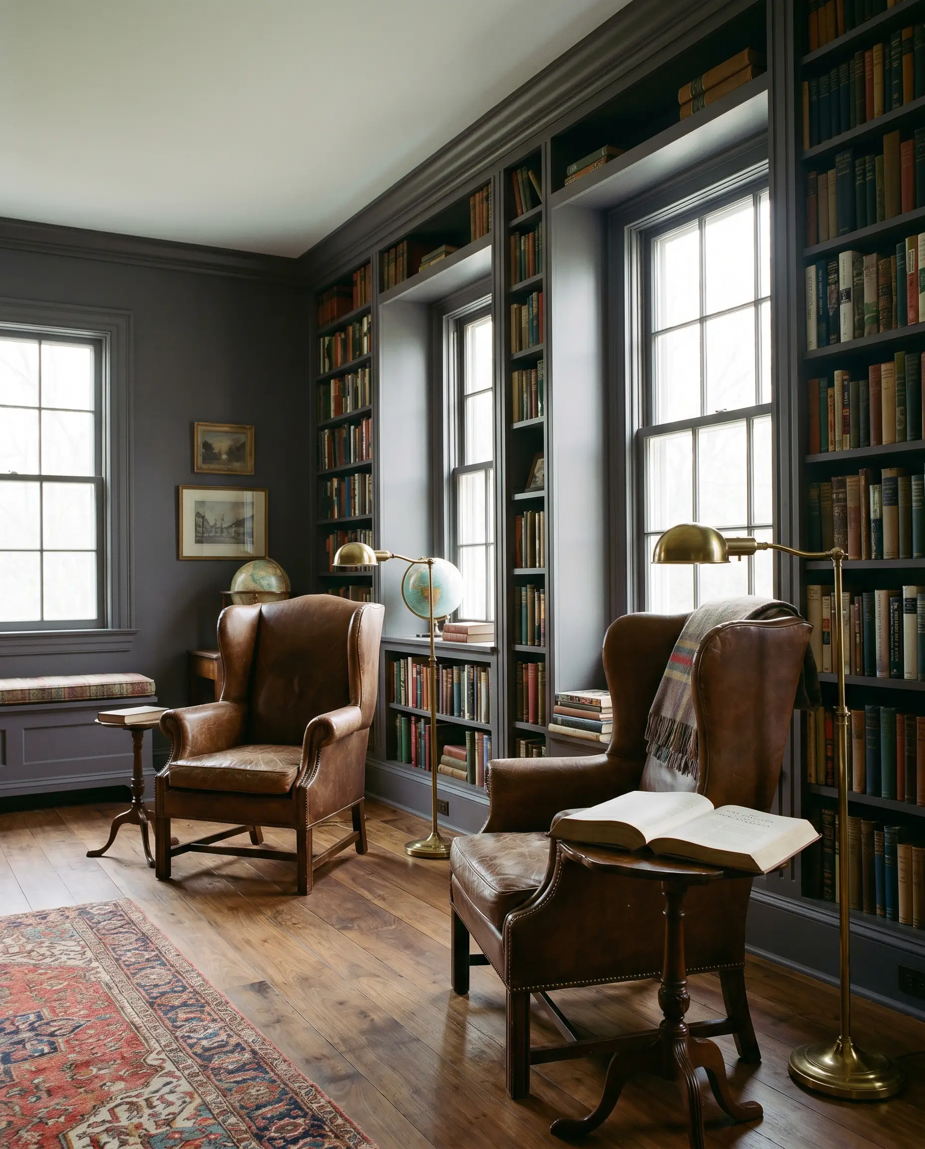A pair of rich brown leather wingback chairs rest on reclaimed walnut flooring inside a quiet home library surrounded by heavily stocked velvety plum bookshelves.