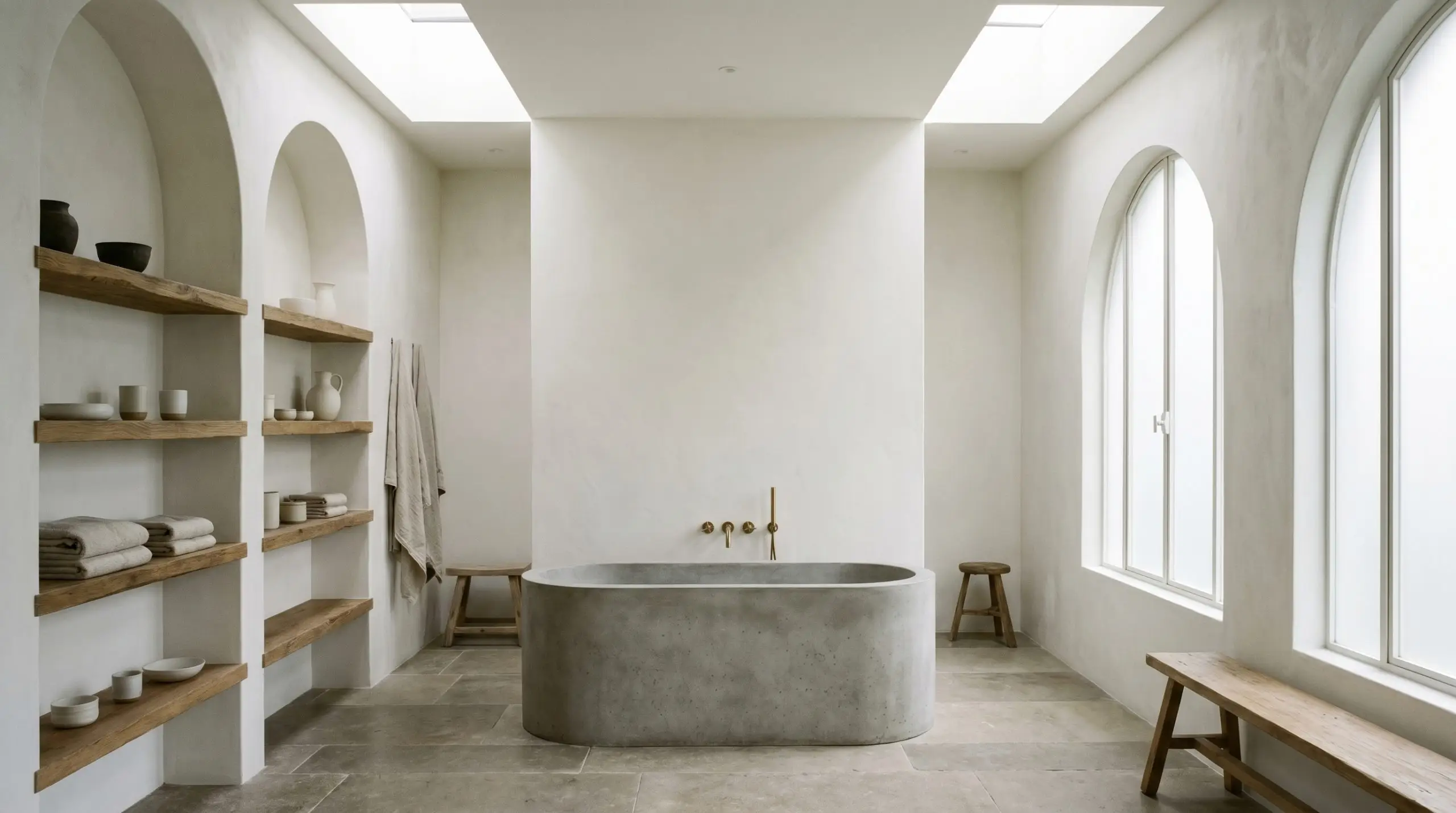 A freestanding concrete soaking tub and unlacquered brass fixtures sit against pure white walls finished in a subtle Roman clay texture.