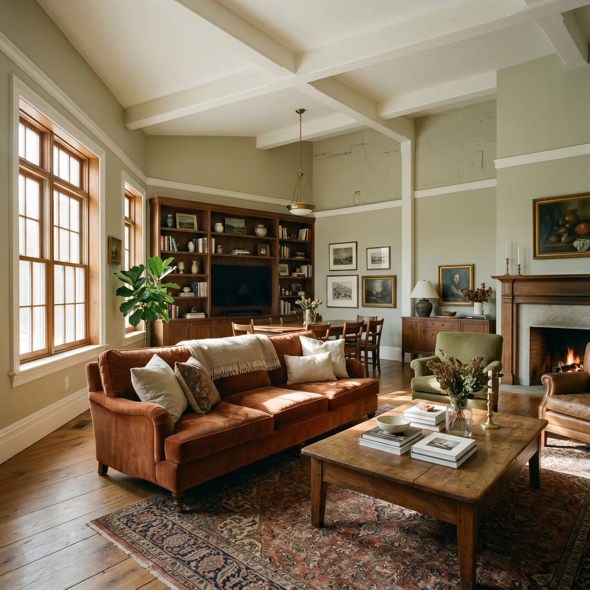 A rust-toned velvet sofa and rich walnut wood furniture sit against walls painted in Farrow & Ball Cromarty (Hex #caccc0), framed by crisp white trim in a heritage living space.