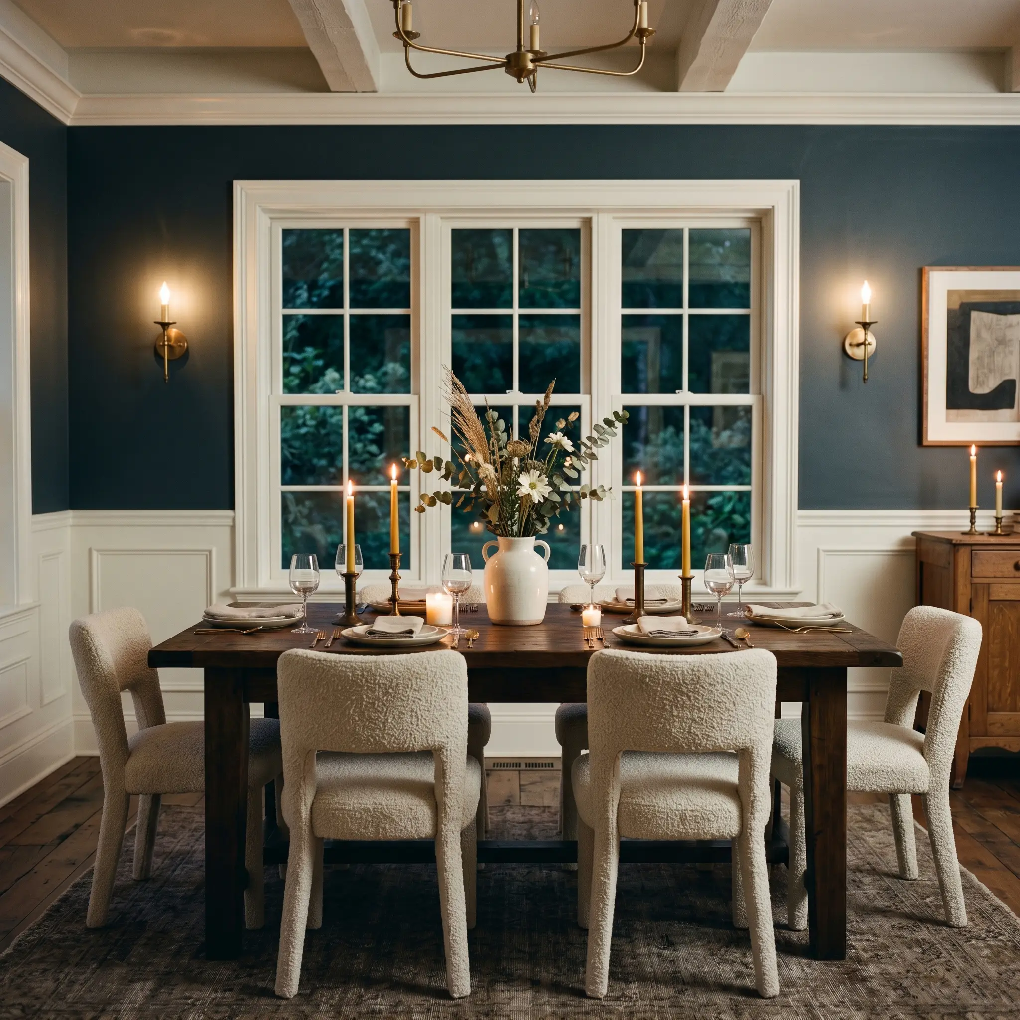 A rustic farmhouse table and nubby bouclé chairs center an intimate dining room featuring walls painted in Farrow & Ball Hague Blue (Hex #3f4d57).