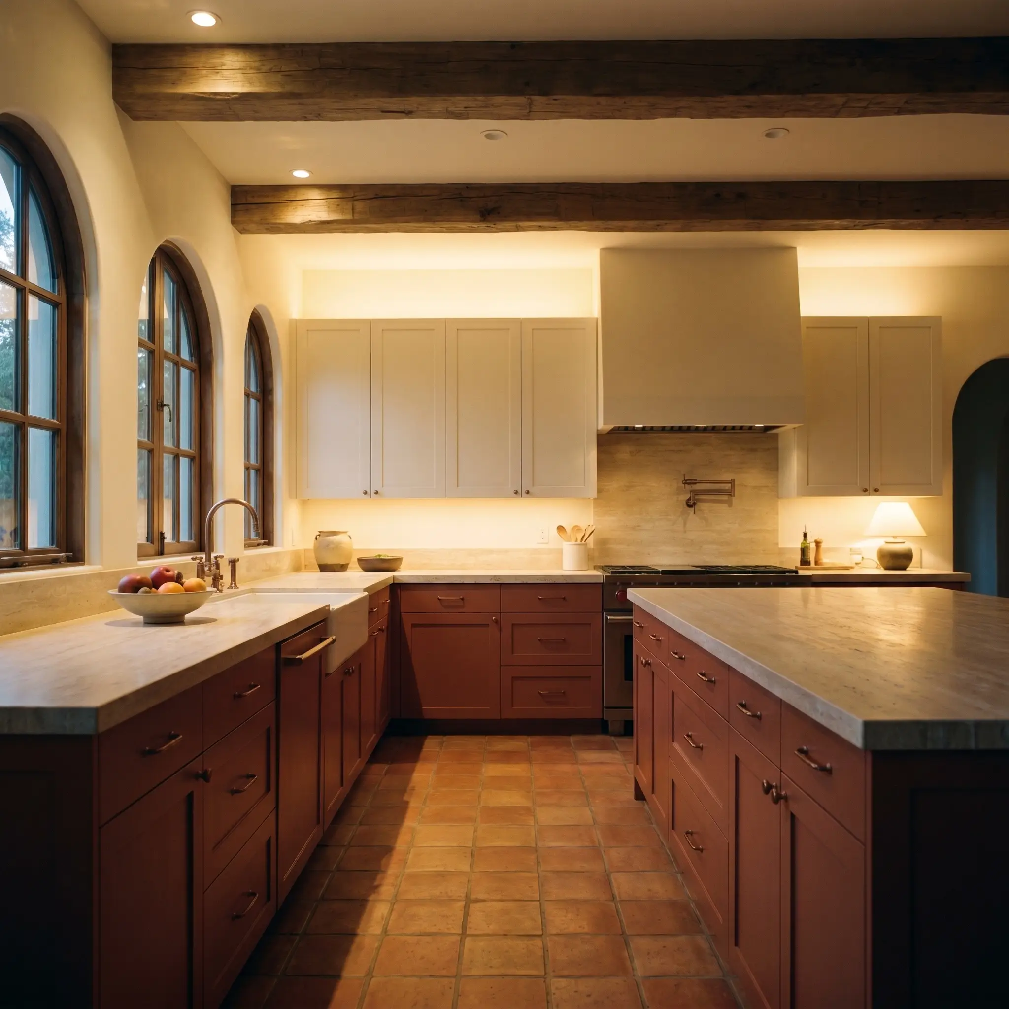 Honed travertine countertops and aged copper hardware accent rustic lower cabinets painted in Dulux Tuscan Terracotta (Hex #D8967B) below warm off-white upper walls.