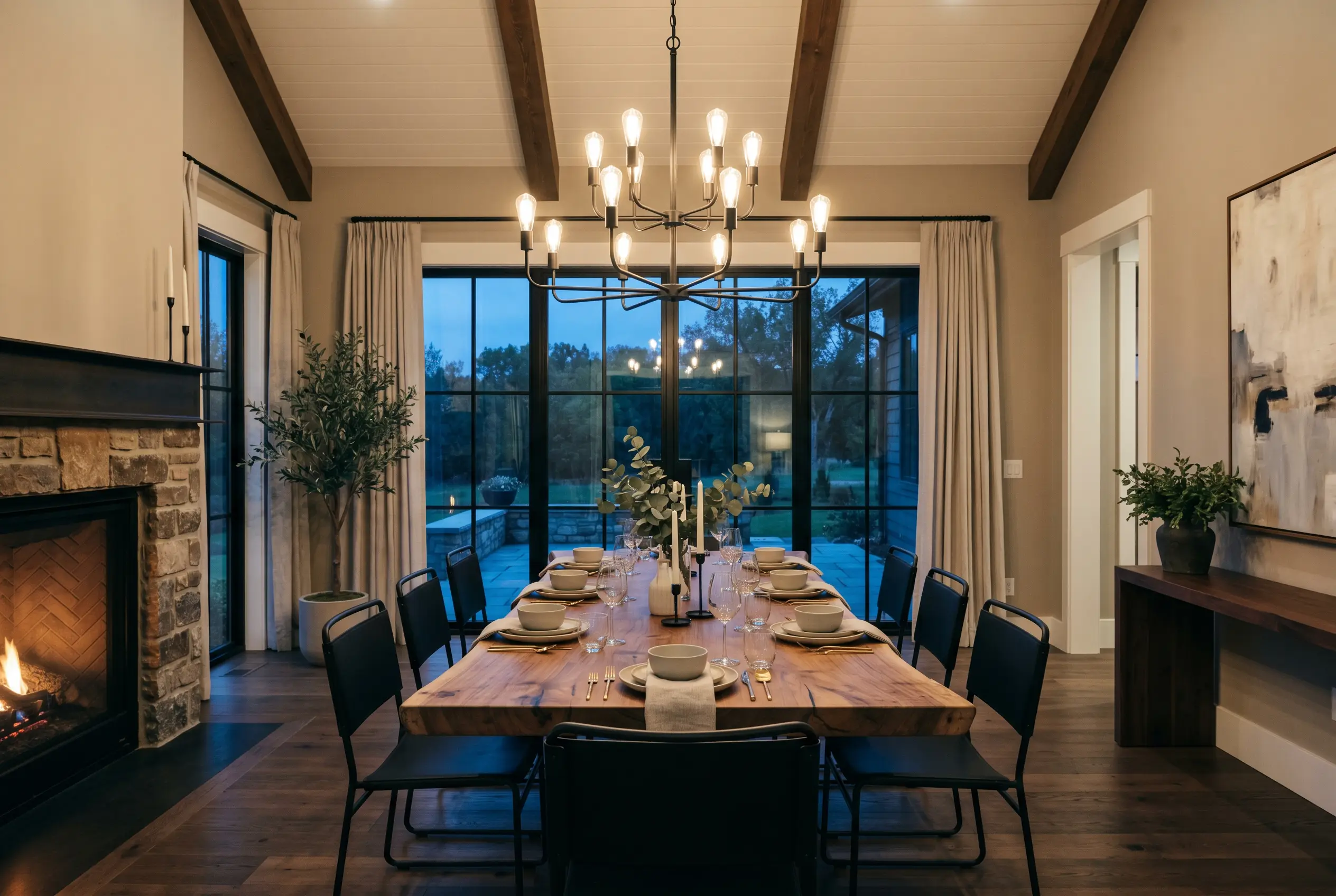 A raw-edge wooden table and matte black dining chairs fill a rustic-modern dining room painted in Behr Artisan Tea (Hex #dac2af).