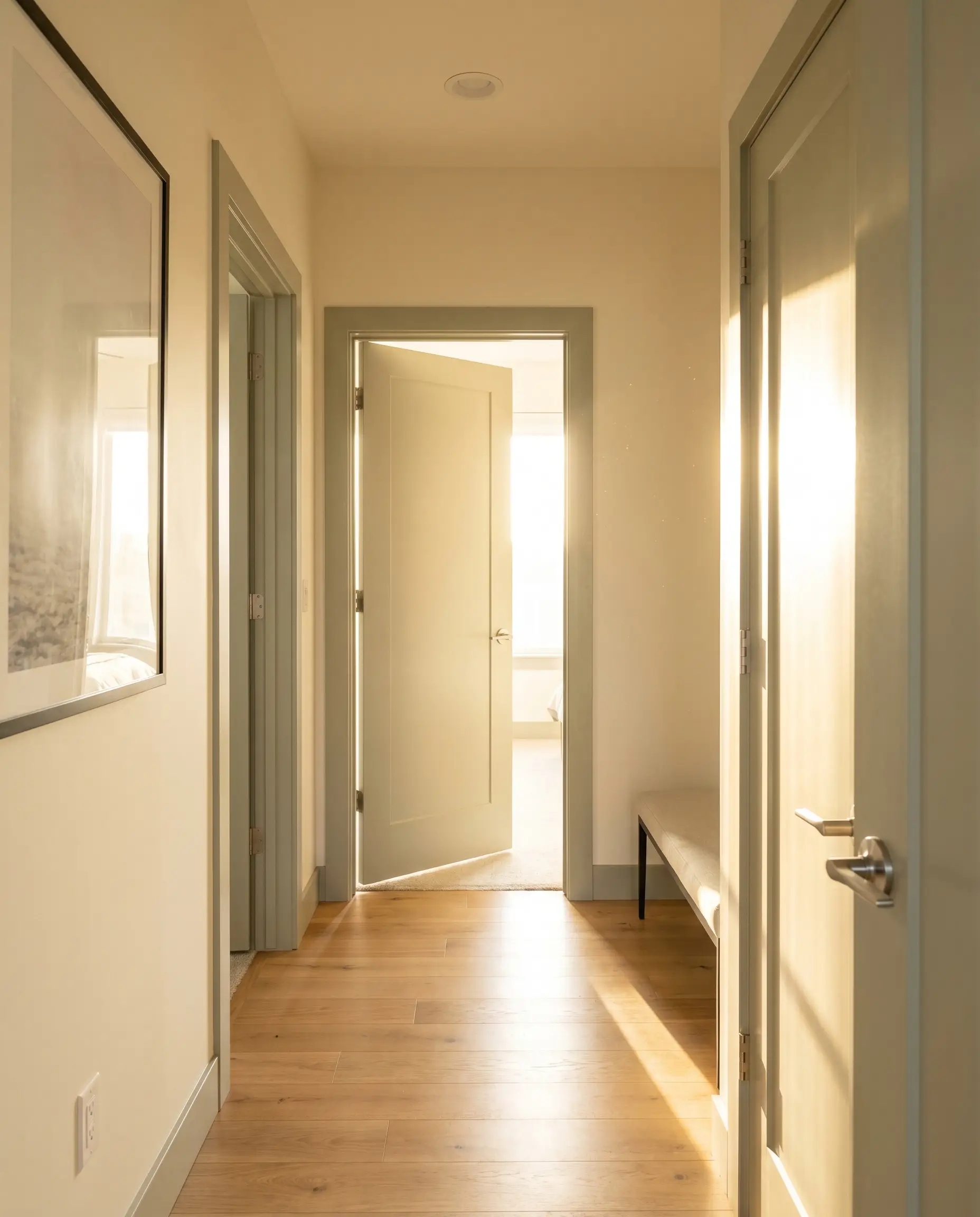 A hallway transition zone features interior doors and casings painted in Behr Jojoba, accented by a brushed nickel door lever and natural oak flooring.