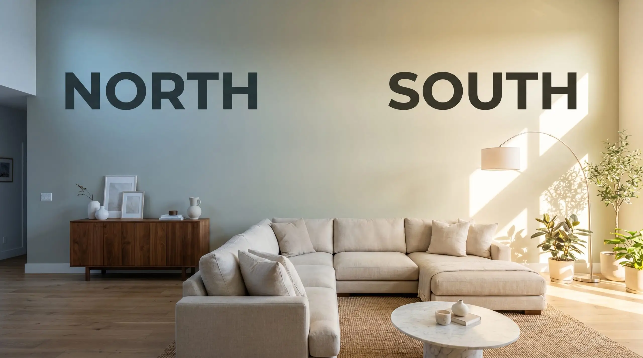 A continuous living room wall painted in Behr Jojoba (Hex #b0b9a6) shifts from a cool moody gray-green in North-facing light to a vibrant botanical green in warm South-facing exposure, grounded by a warm walnut credenza.