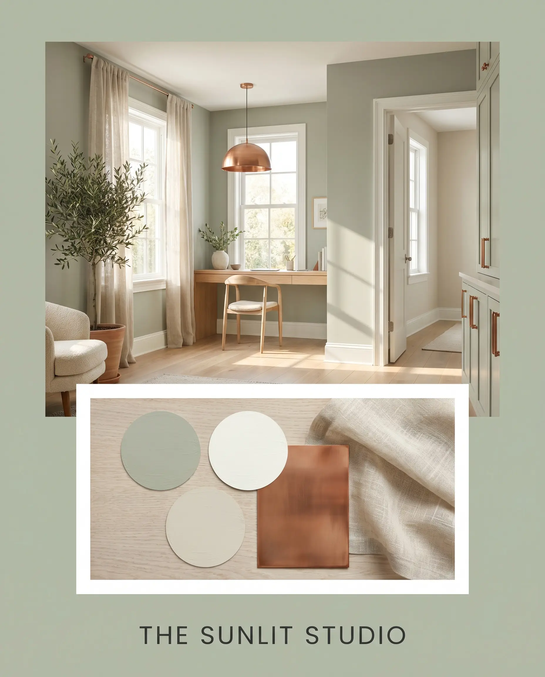 A fresh studio space featuring walls painted in Behr Jojoba sits above an inset flat-lay showcasing a piece of burnished copper, sheer oatmeal linen, and coordinating paint textures.