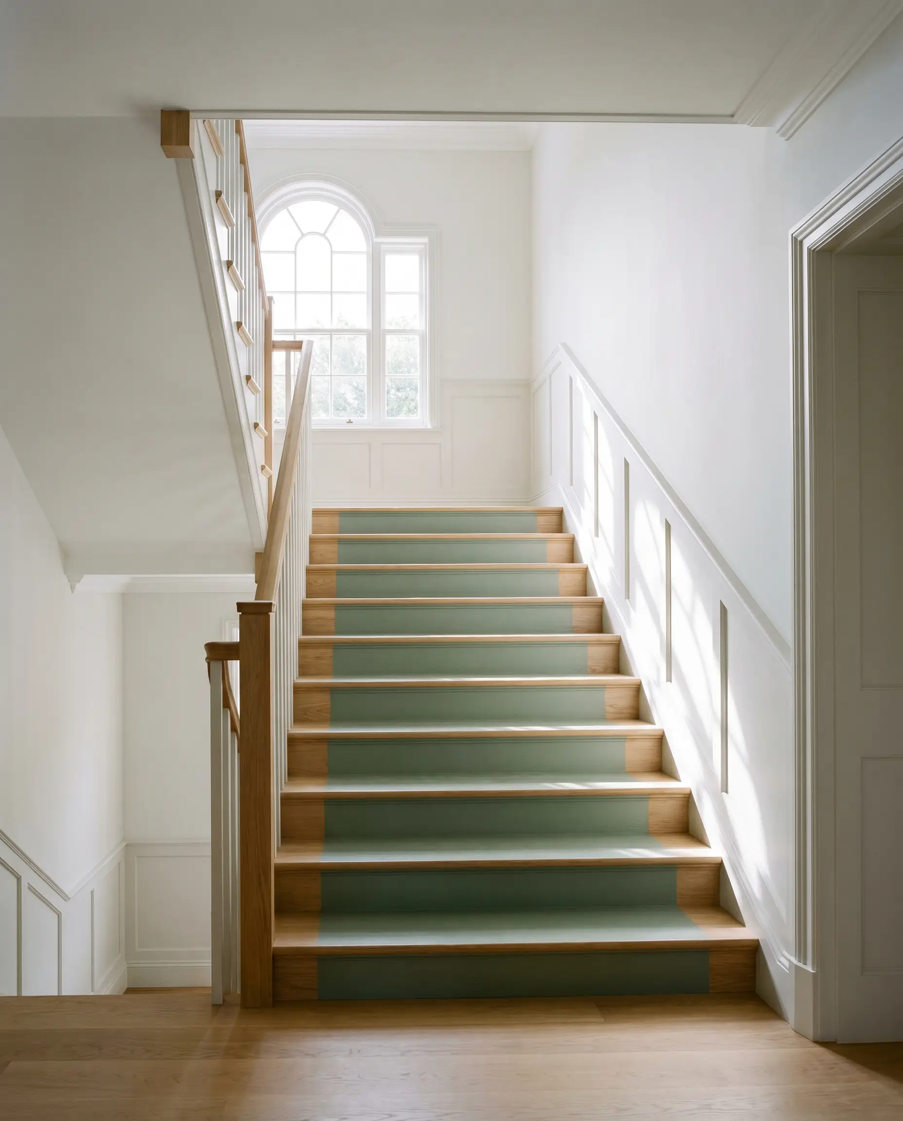 Wooden staircase treads and risers are painted in an earthy grey-green, creating a runner effect bordered by natural warm wood and crisp white wainscoting.