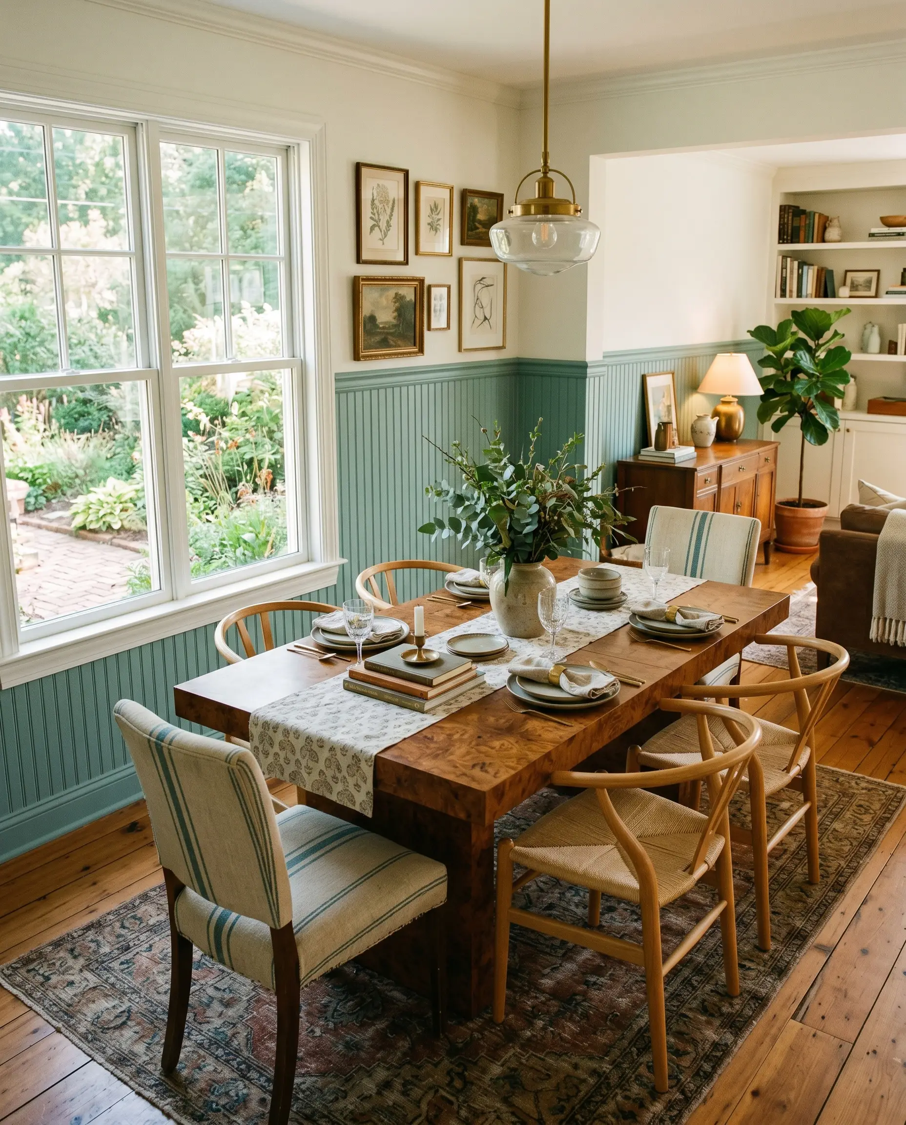 A warm burl wood dining table centers a modernized traditional dining space wrapped in historic salvaged beadboard wainscoting finished in a muted blue-green.