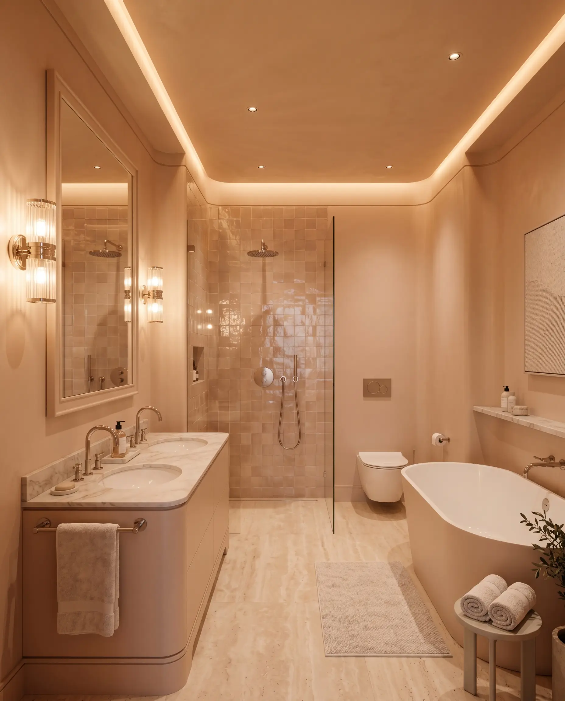 A luxurious windowless bathroom is color-drenched in a luminous peach-taupe, featuring glossy handcrafted zellige shower tiles and polished nickel plumbing fixtures.