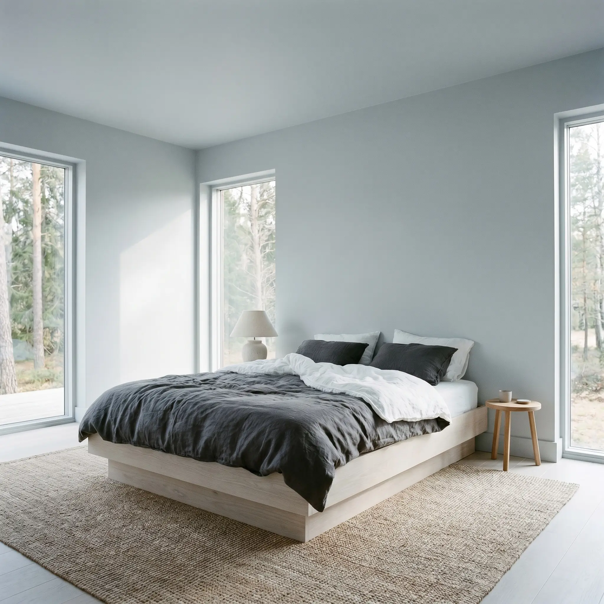 A low-profile bleached white oak platform bed sits in a Scandinavian crisp primary bedroom painted in Benjamin Moore Marilyn's Dress (Hex #E0E4E4).