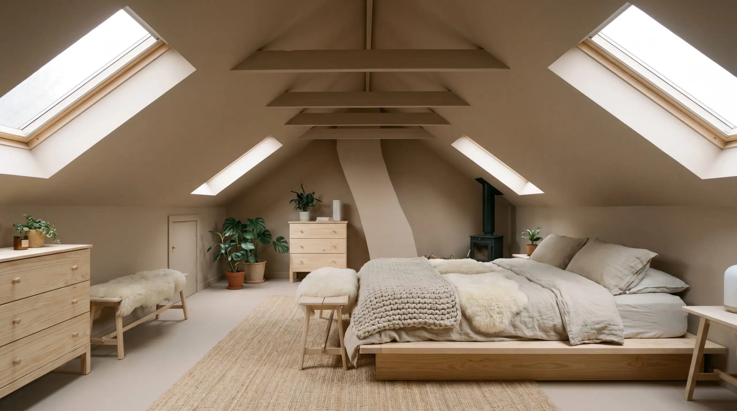 Minimalist Scandinavian pine furniture and a bed layered in heavy wool textiles fill a converted attic space painted continuously in Behr Mocha Foam (Hex #bba28e).
