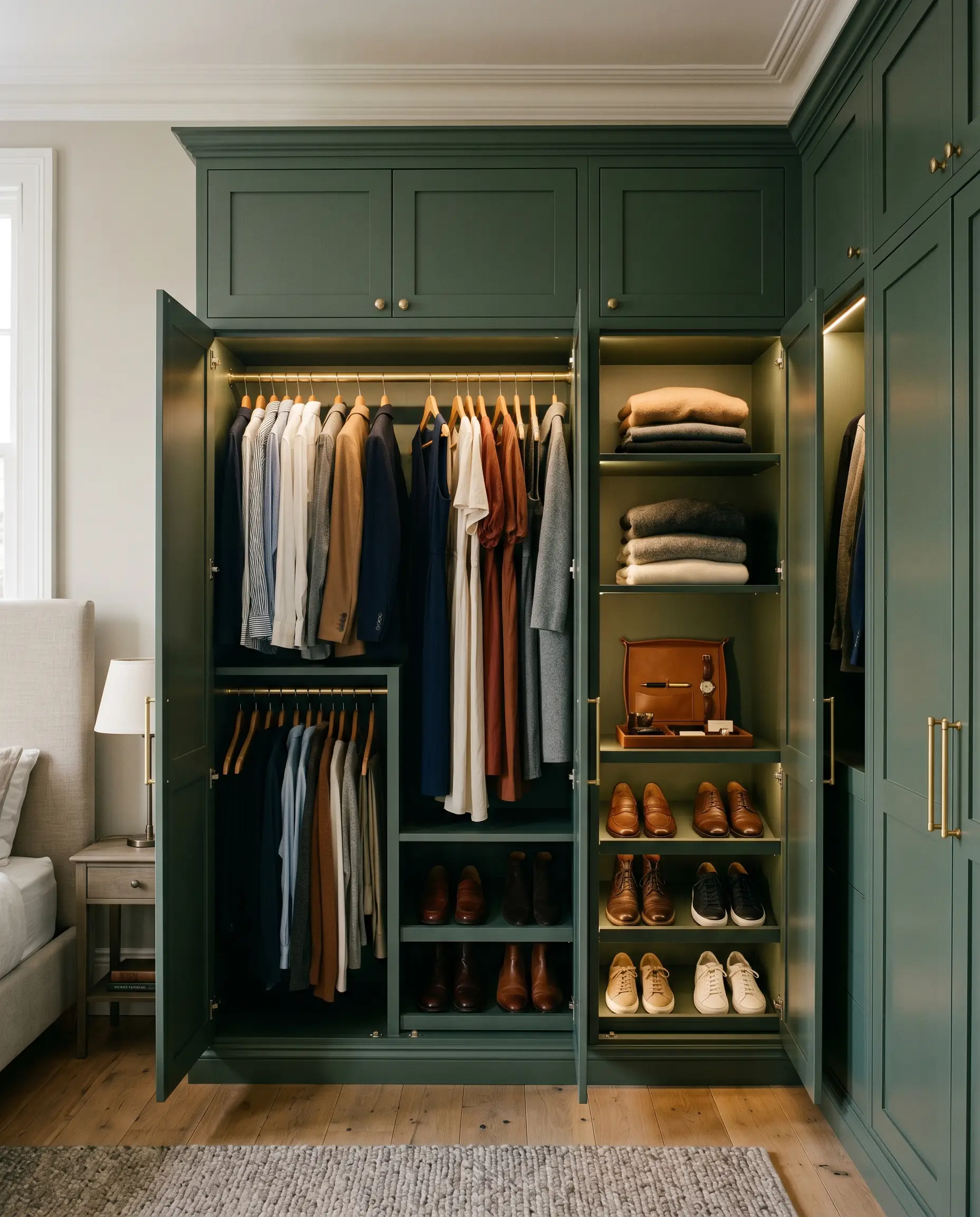 A premium built-in wardrobe structure, including doors and interior shelving, is painted in a moody grey-green, showcasing neatly folded cashmere sweaters and a leather valet tray.