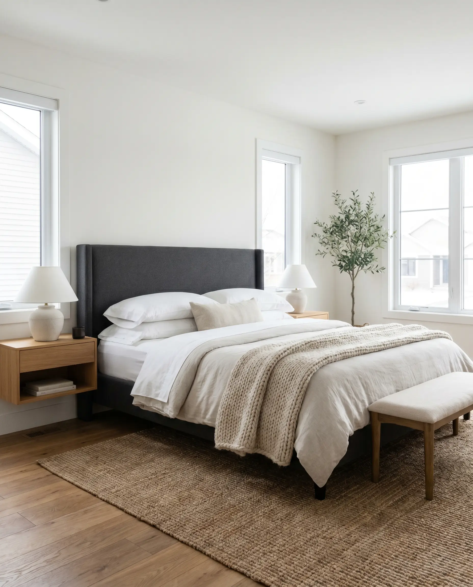 A tailored charcoal upholstery headboard and crisp percale layered bedding anchor a serene bedroom painted in Sherwin-Williams White Snow (Hex #F5F4EE) with warm oak floors.