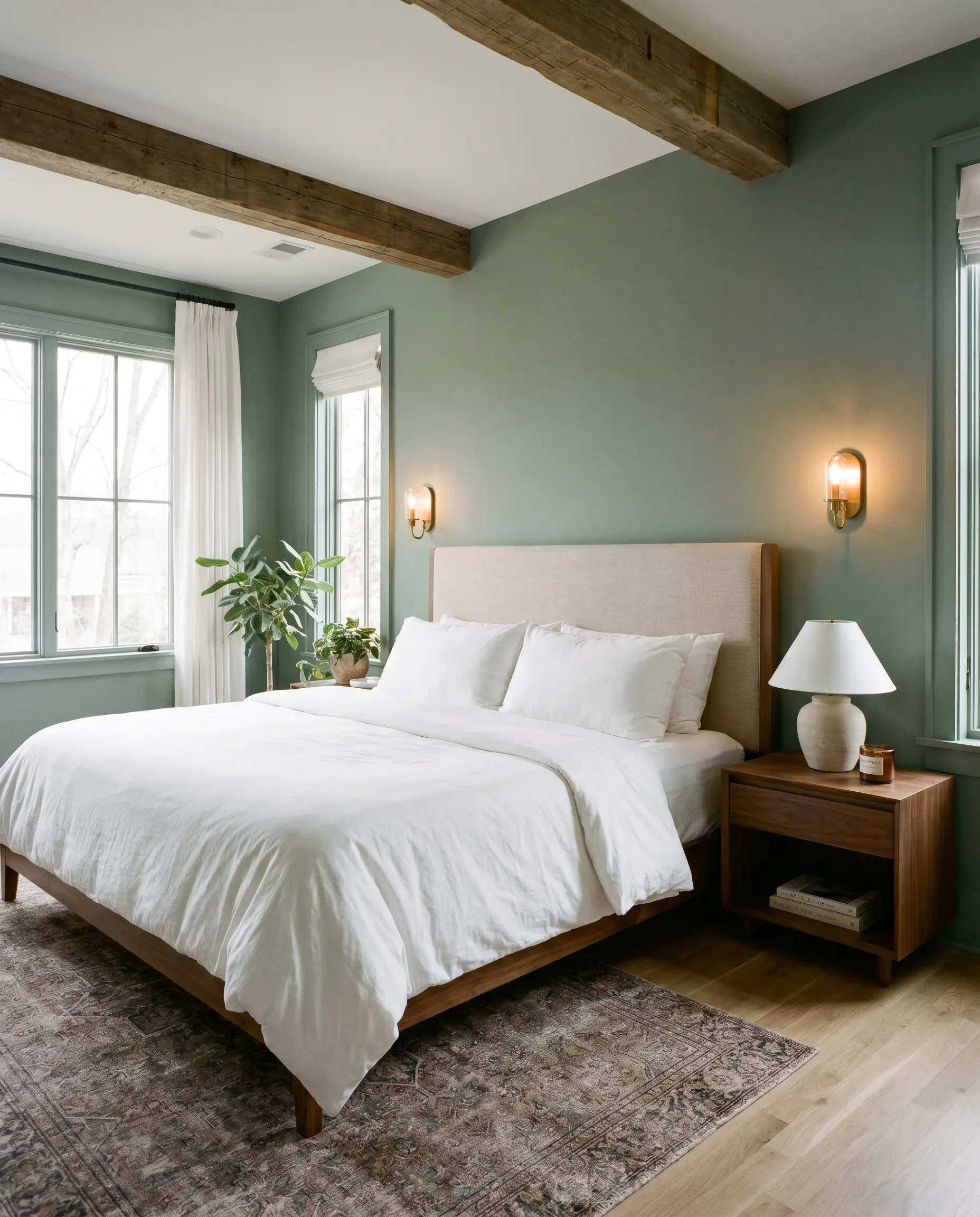 A primary bedroom features walls painted in Farrow & Ball Vert de Terre (Hex #b7baa4), a natural linen headboard, crisp white bedding, and a walnut nightstand.