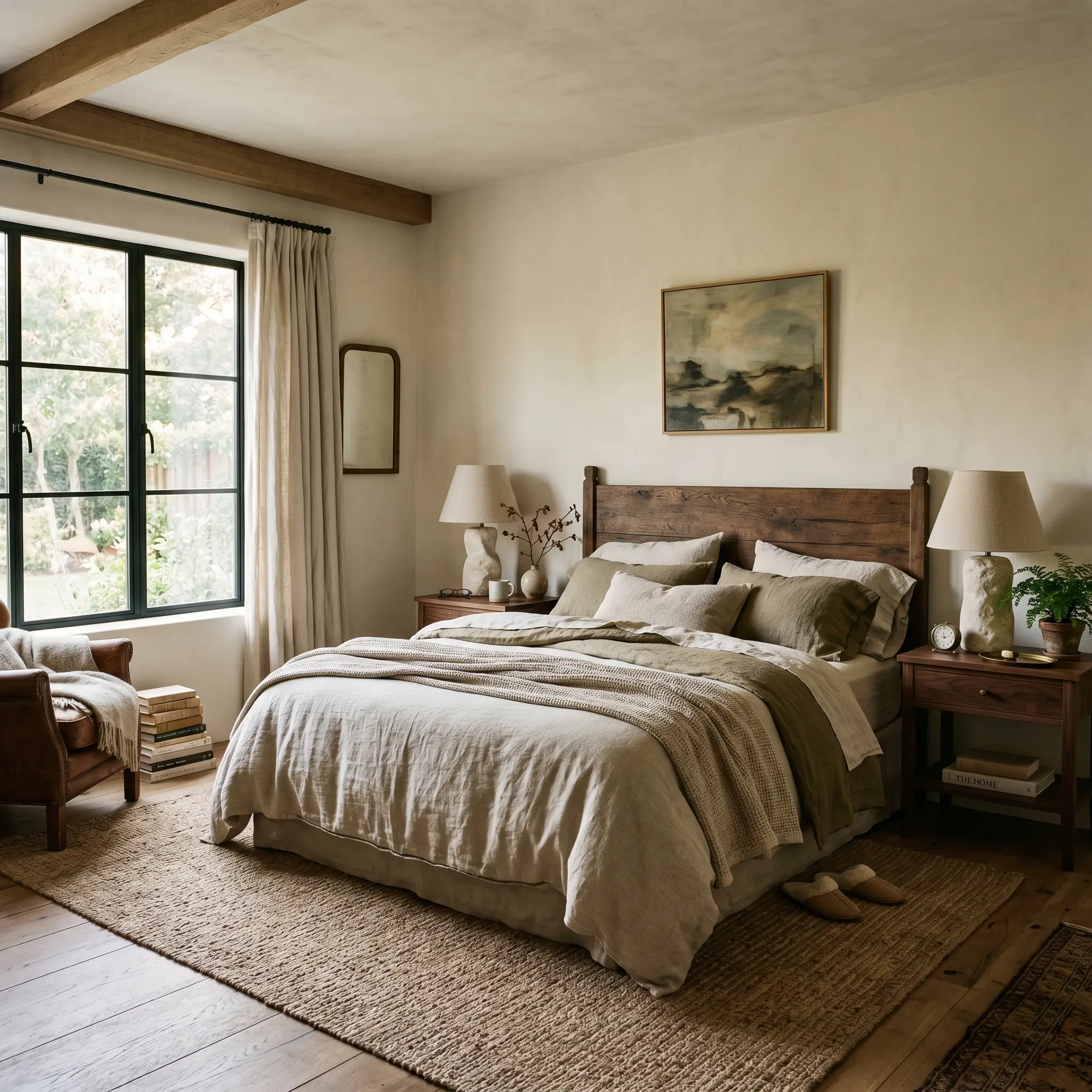 Heavy natural linen duvets layer a bed flanked by tumbled limestone bedside lamps resting on rich walnut nightstands against off-white walls.