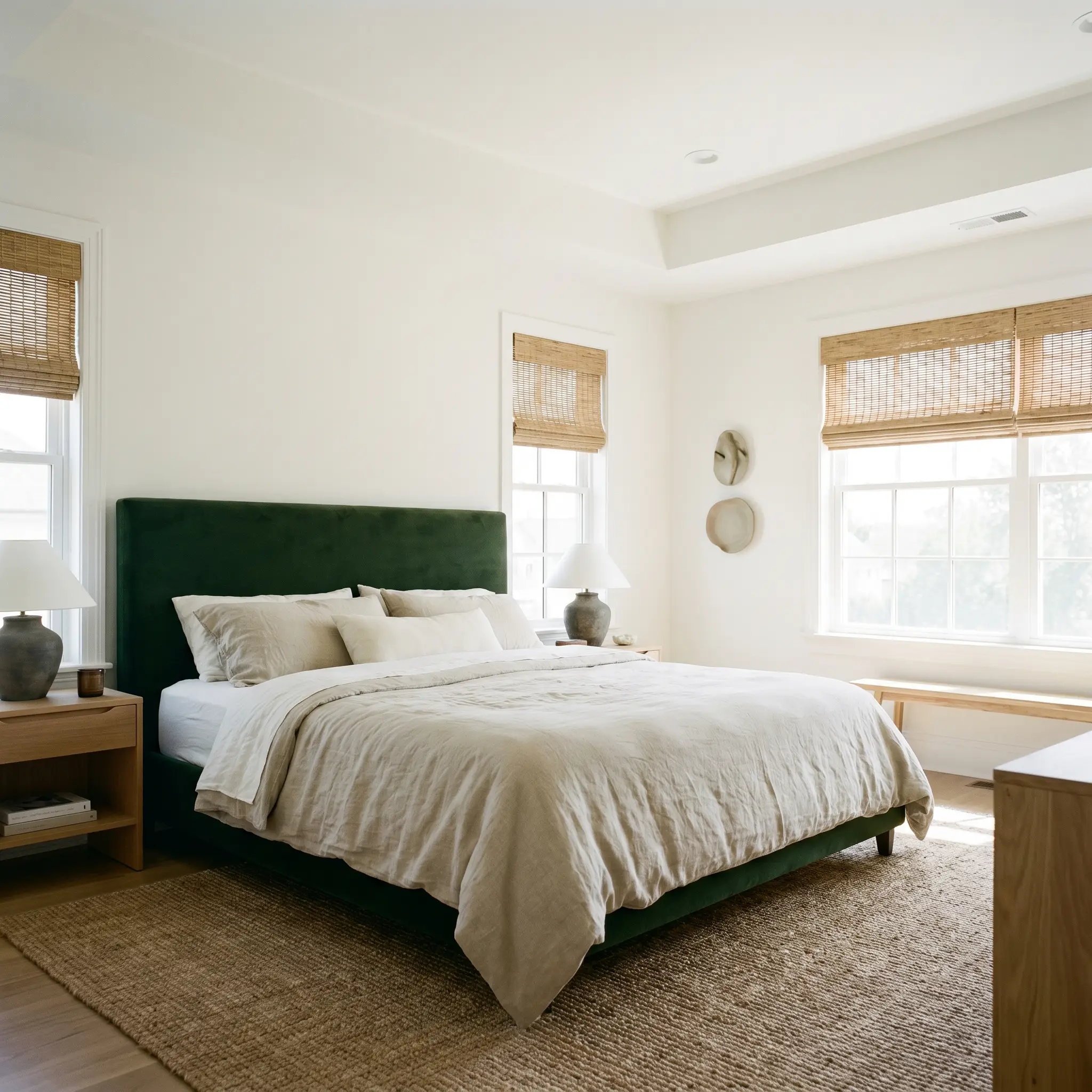Heavyweight Belgian linen bedding and a deeply saturated velvet headboard furnish a serene primary bedroom surrounded by pure white walls and woven rattan window treatments.
