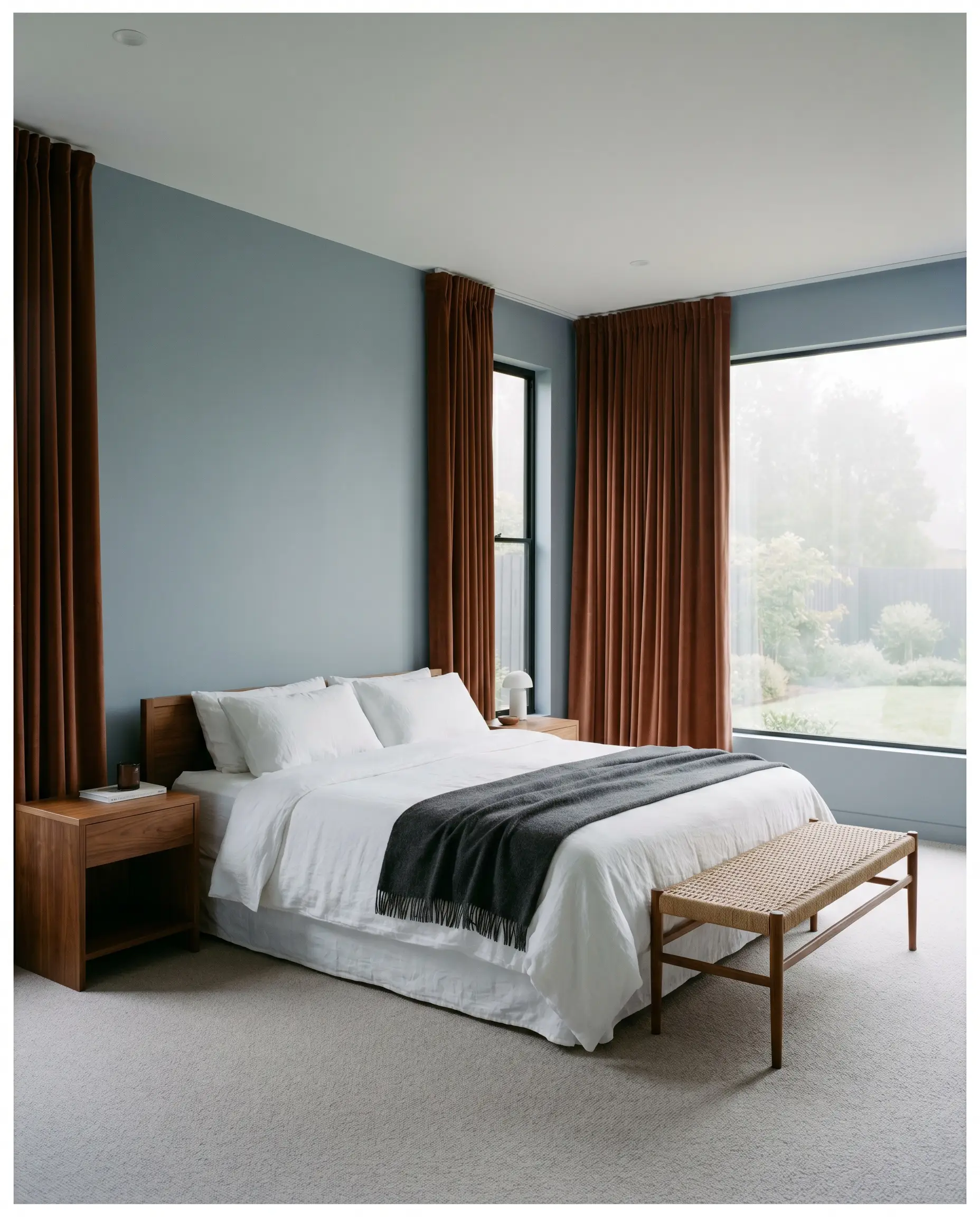 Heavy rust-colored velvet drapery and warm walnut nightstands flank crisp white bedding in a minimalist primary bedroom painted in Dulux Mellow Flow (Hex #95A7B4).