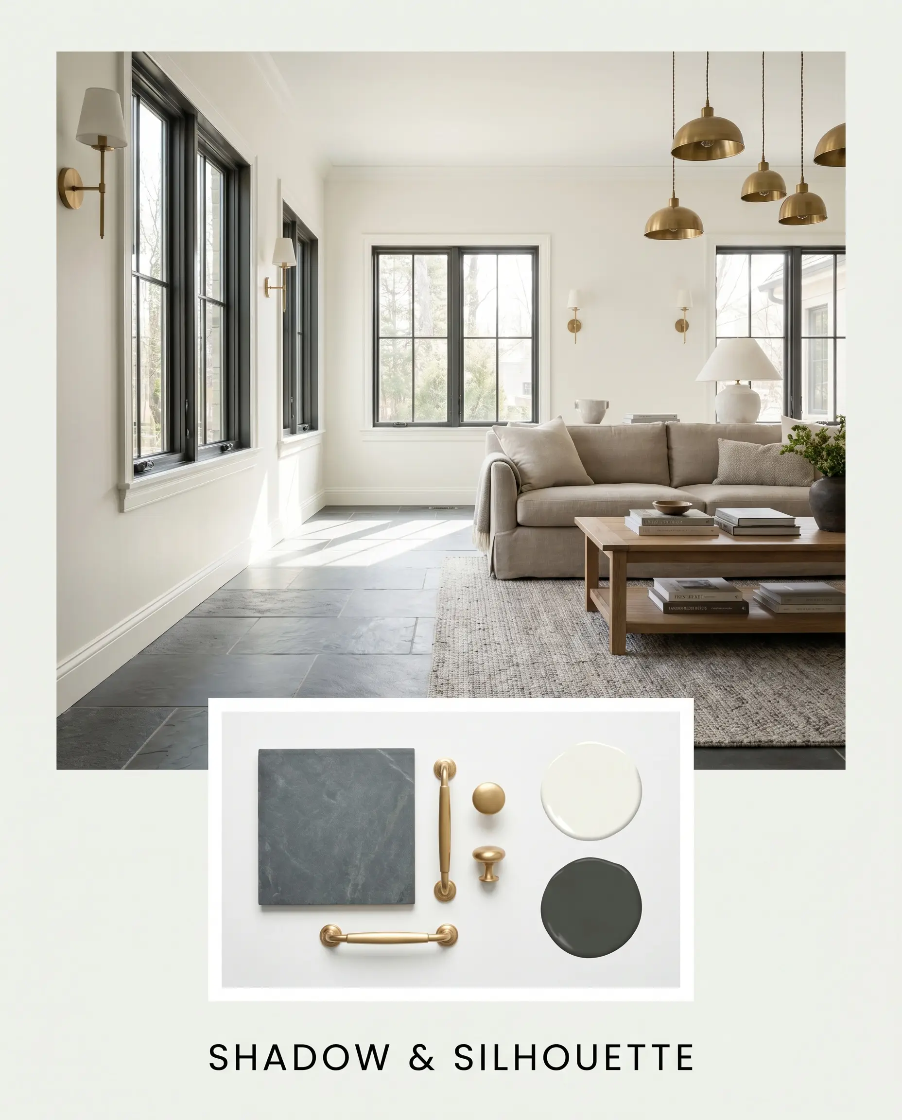 An editorial concept board pairs a graphic living space featuring honed slate floors and unlacquered brass lighting with a corresponding material flat-lay.