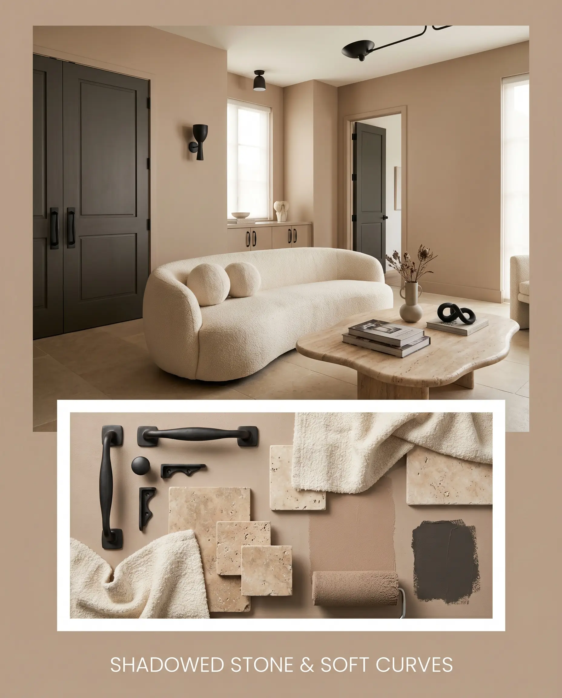A sculptural living space with a curved bouclé sofa sits above a material flat-lay showcasing Behr Mocha Foam (Hex #bba28e) alongside tumbled travertine and matte black iron.