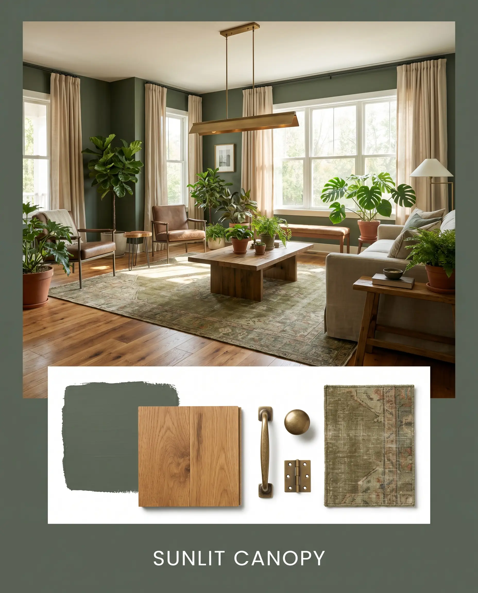 A biophilic design mood board showcases Sherwin-Williams Basil (Hex #626E60) paint alongside warm honey oak flooring, aged brass hardware, and an olive-toned vintage rug.