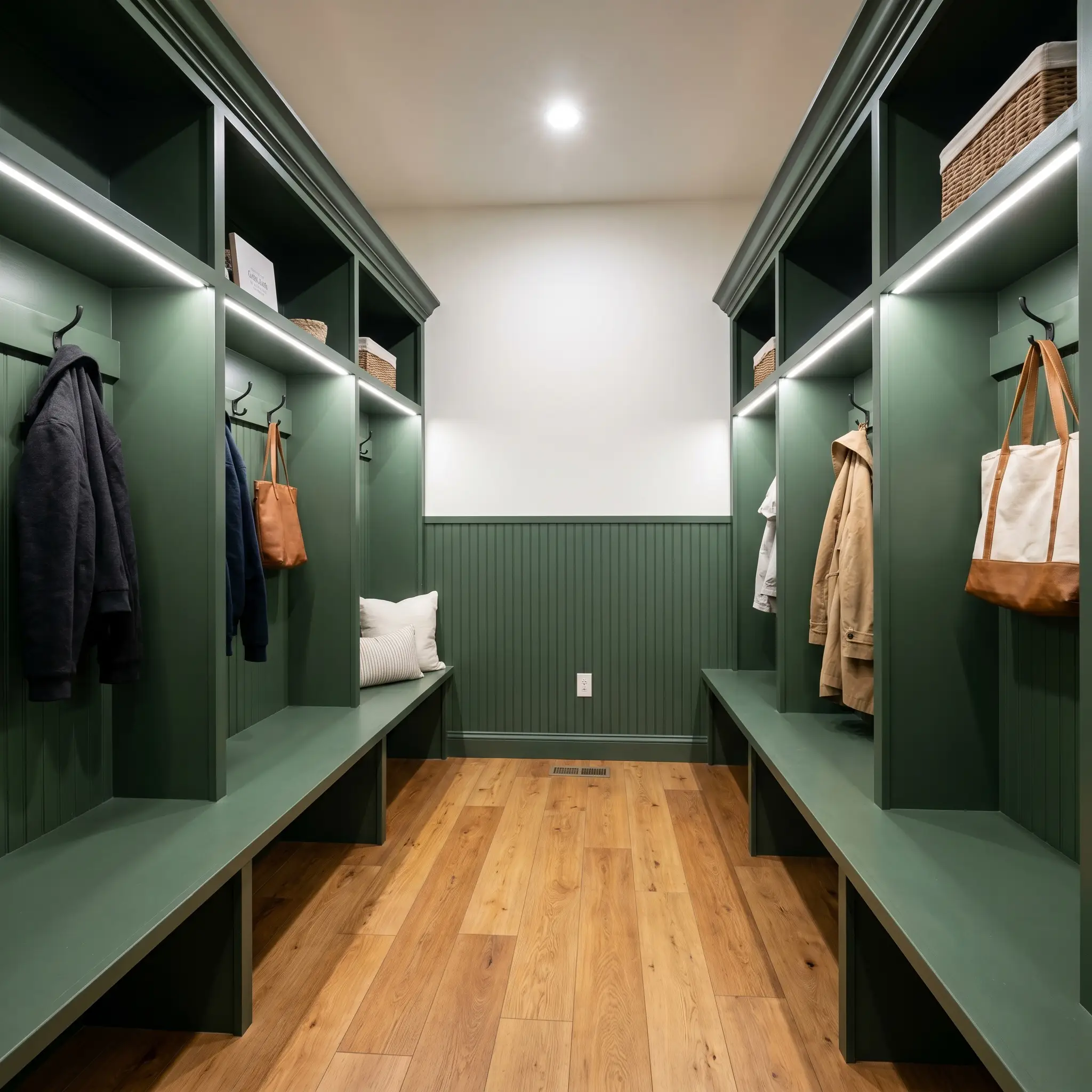 Custom mudroom cubbies and beadboard wainscoting painted in a warm earthy green contrast beautifully with warm honey oak flooring and matte black steel hooks.