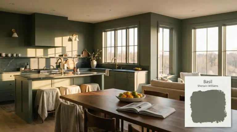 Sprawling open-concept kitchen cabinetry painted in Sherwin-Williams Basil (Hex #626E60) pairs with honed soapstone countertops, an unlacquered brass faucet, and a warm walnut dining table.