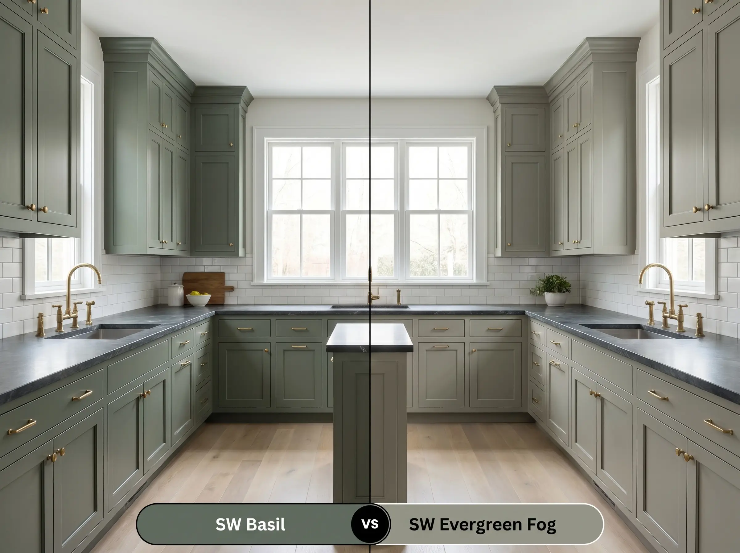 A side-by-side split-screen comparison of Sherwin-Williams Basil on the left and Sherwin-Williams Evergreen Fog on the right, shown on transitional kitchen cabinetry with soapstone countertops.