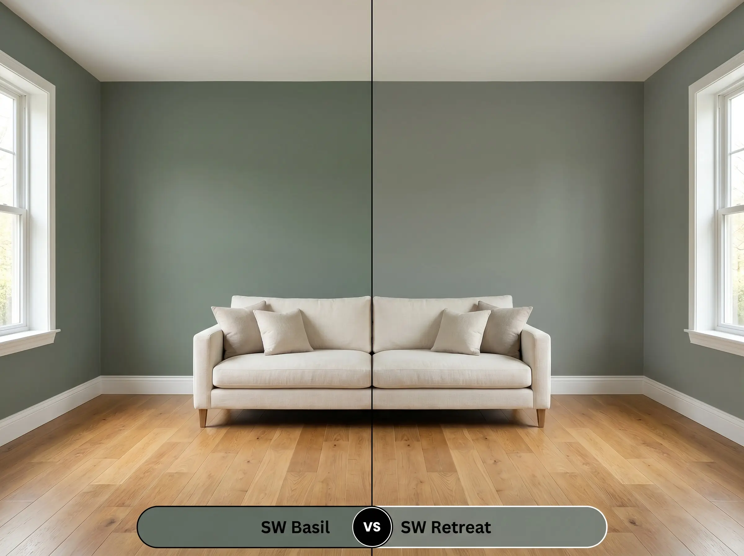 A side-by-side split-screen comparison of Sherwin-Williams Basil on the left and Sherwin-Williams Retreat on the right, shown in a minimalist living room with warm honey oak floors.