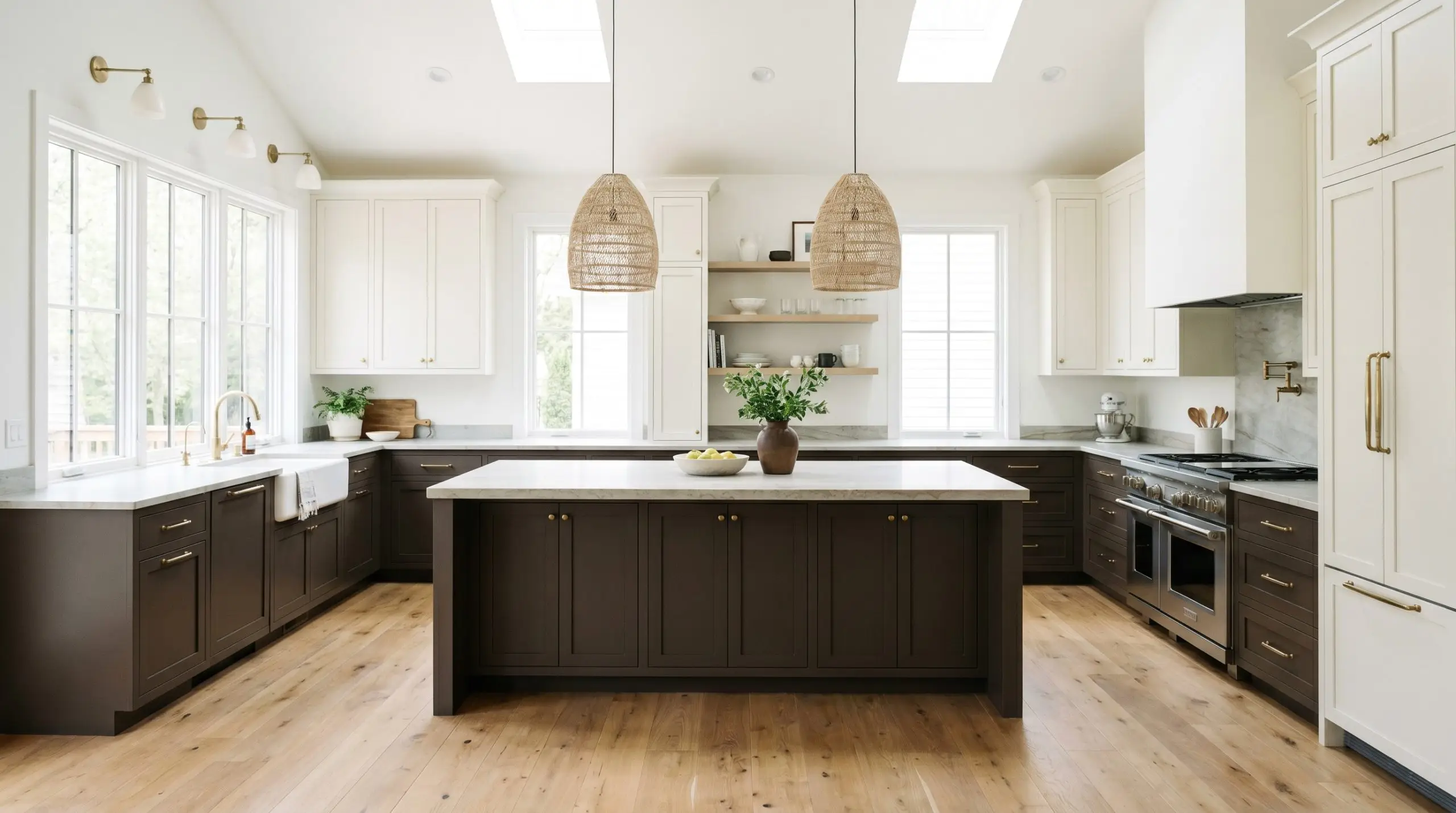 Natural stone countertops and brass hardware complement lower cabinetry and a central island painted in Sherwin-Williams Clove (Hex #453E39) below soft creamy white upper cabinets.