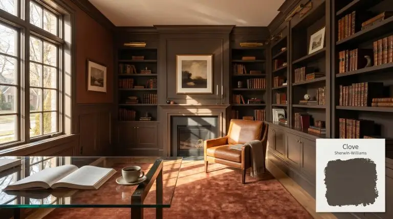 A sleek glass desk and cognac leather reading chair anchor a modern heritage home library painted in Sherwin-Williams Clove (Hex #453E39) featuring built-in bookshelves.